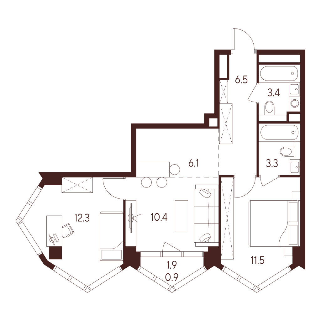 Планировка: 3-комнатная квартира, 54,4 м²