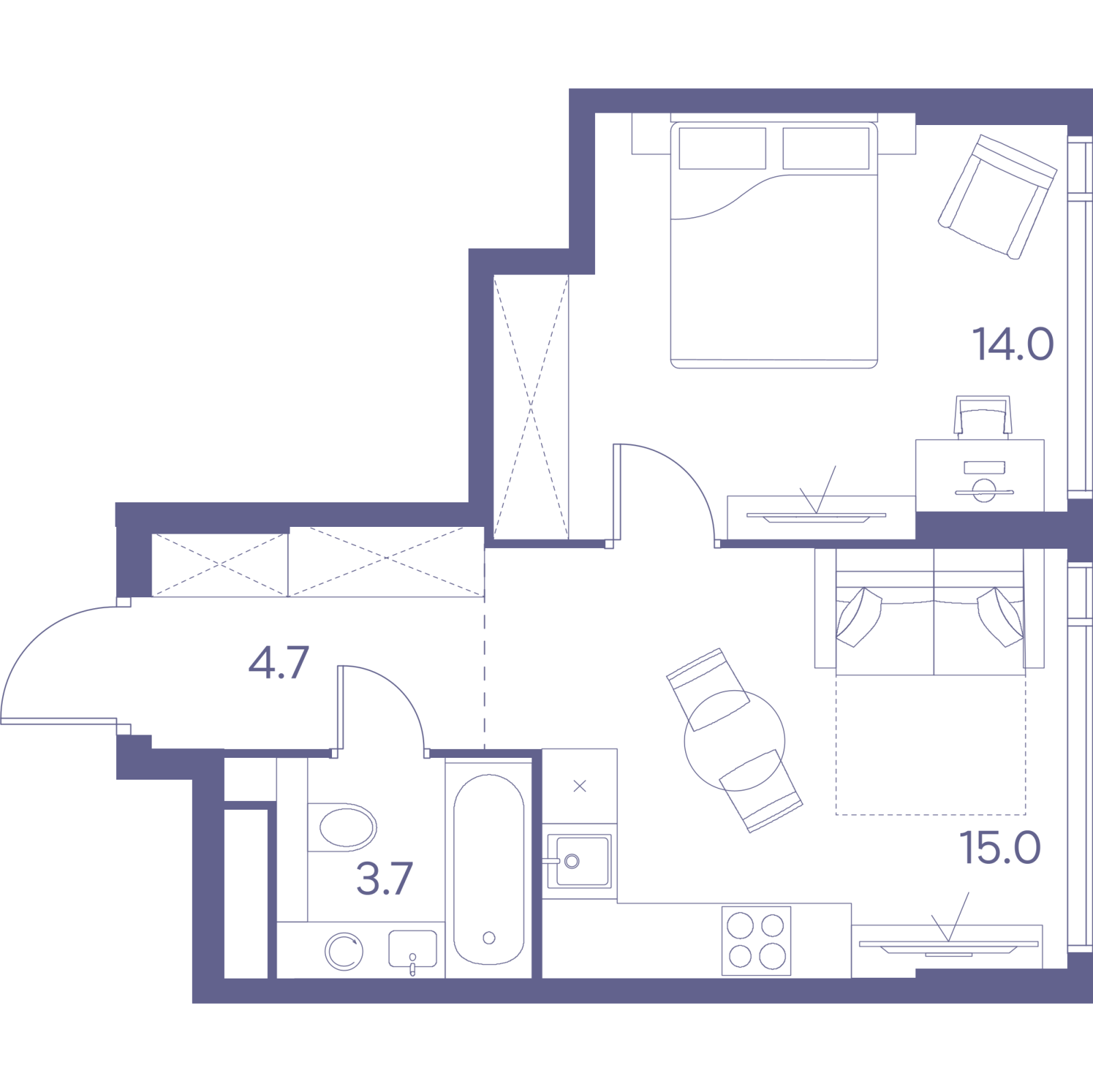 Планировка: 2-комнатная квартира, 37,4 м²