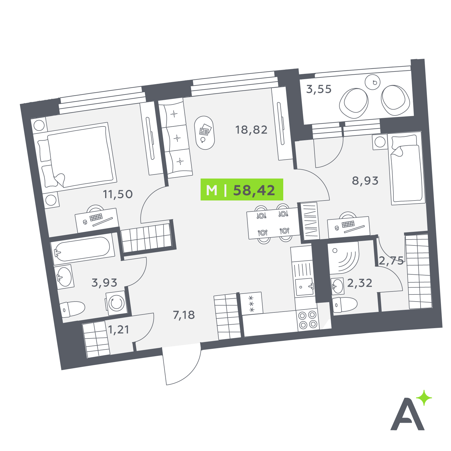 Планировка: 3-комнатная квартира, 58,4 м²