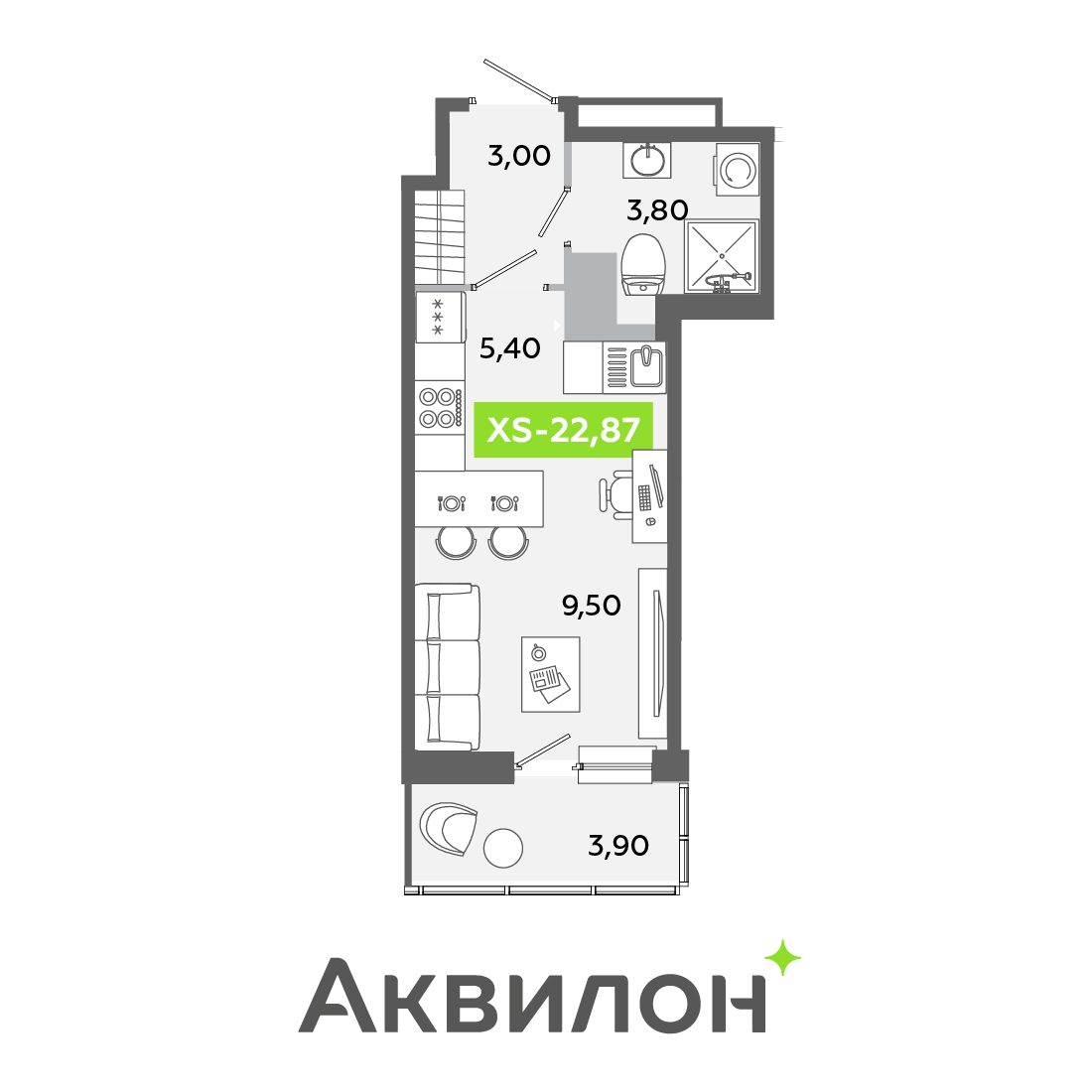 Планировка: студия, 22,9 м²