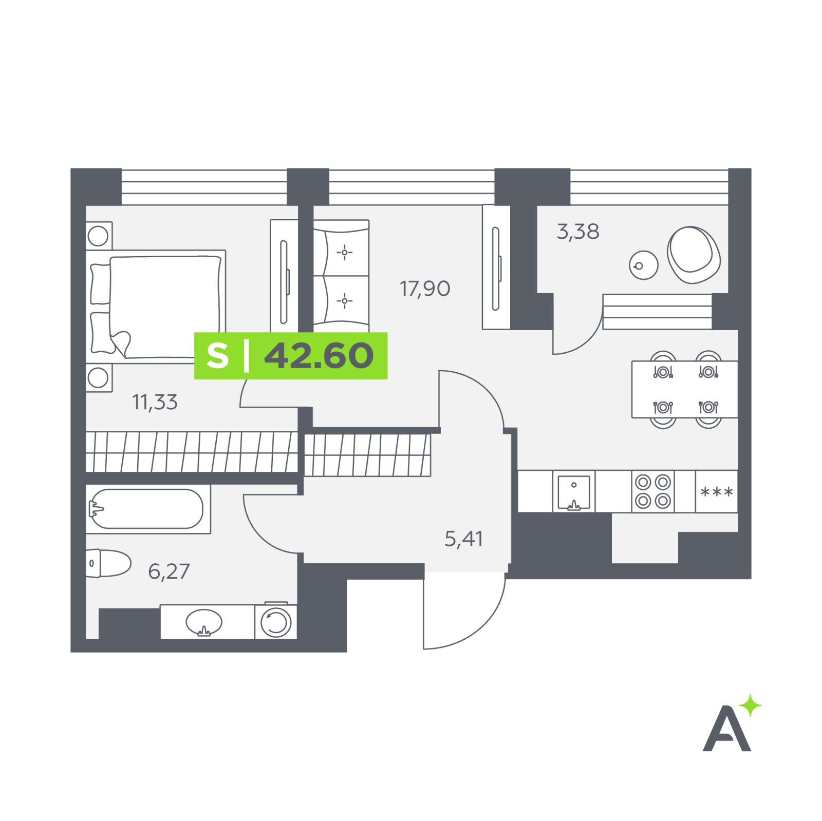 Планировка: 2-комнатная квартира, 42,6 м²
