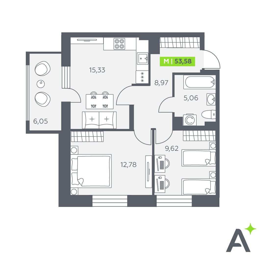 Планировка: 3-комнатная квартира, 53,6 м²