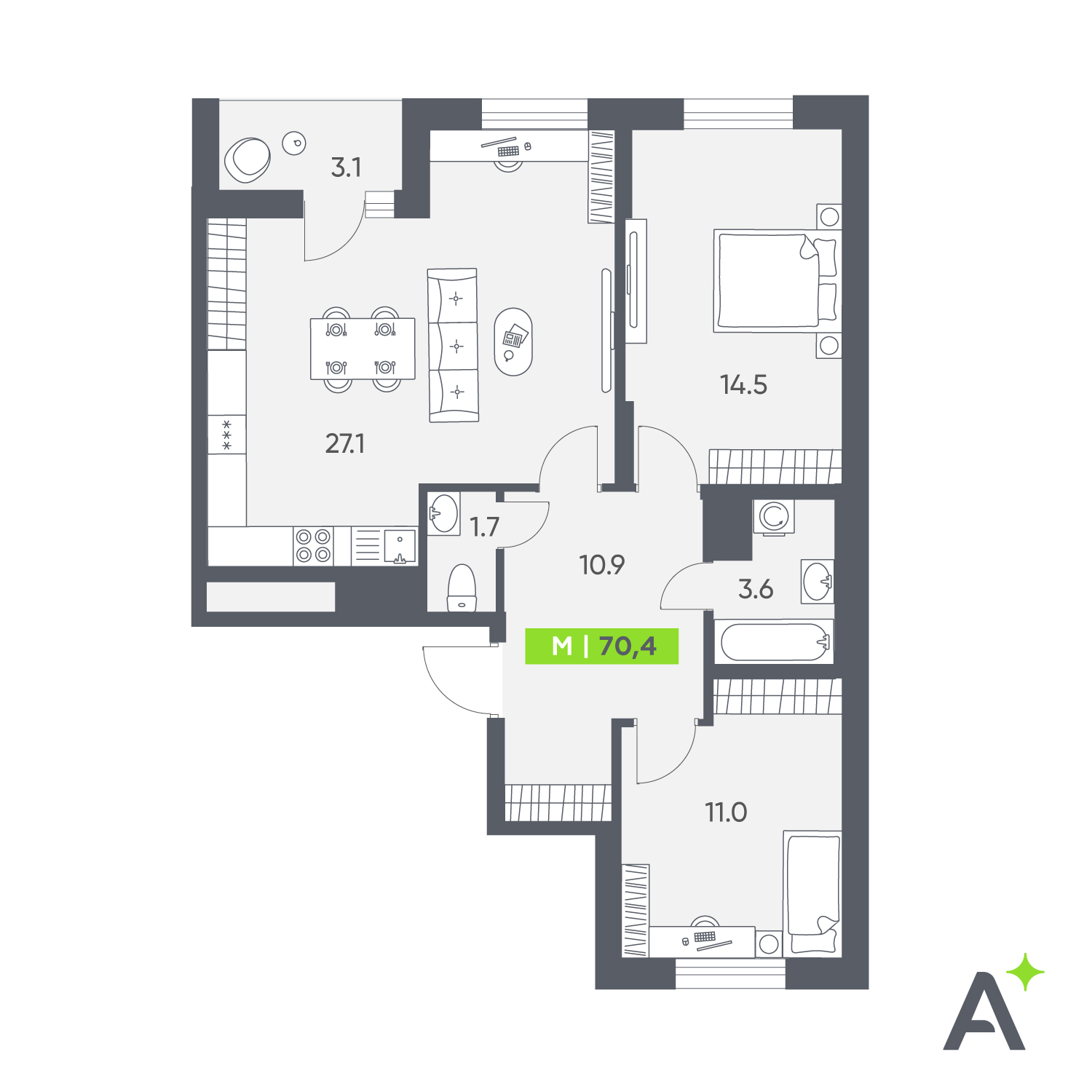 Планировка: 3-комнатная квартира, 70,4 м²