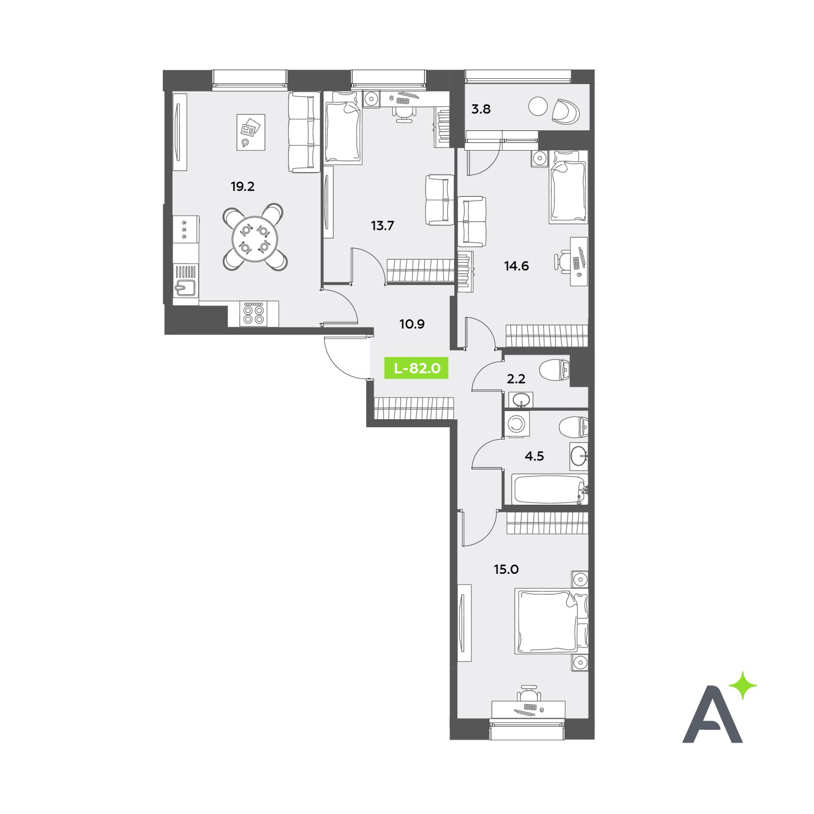 Планировка: 4-комнатная квартира, 82,0 м²