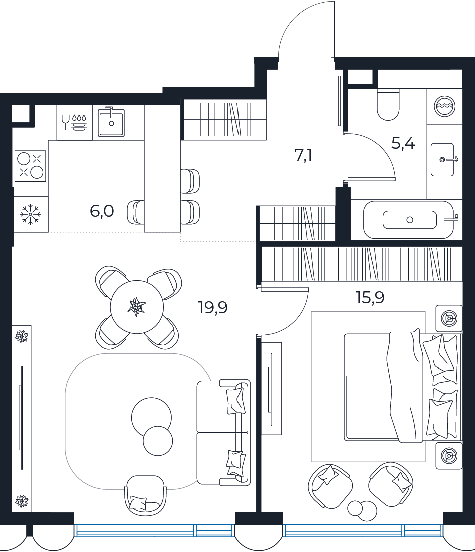 Планировка: 1-комнатная квартира, 54,3 м²