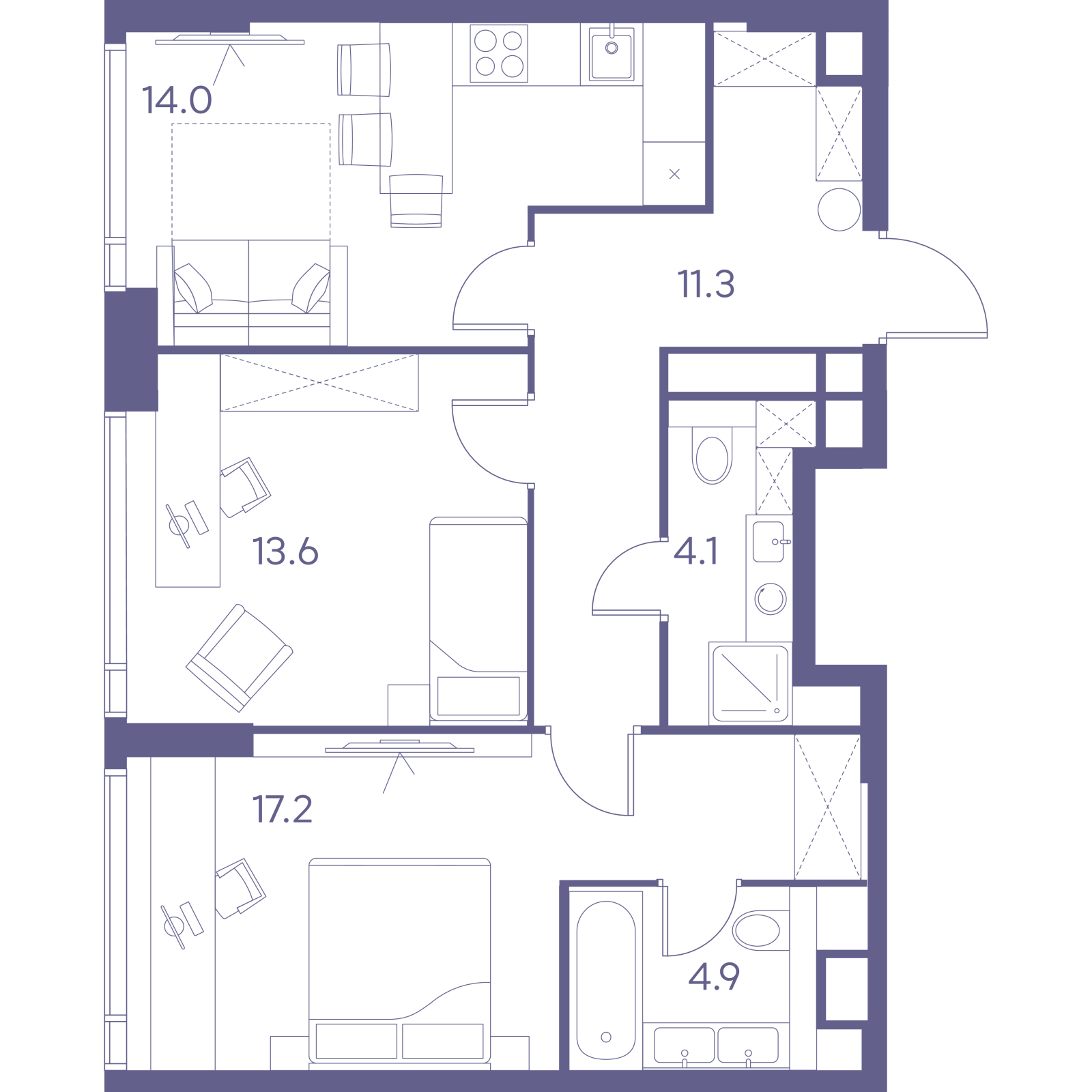 Планировка: 2-комнатная квартира, 65,1 м²