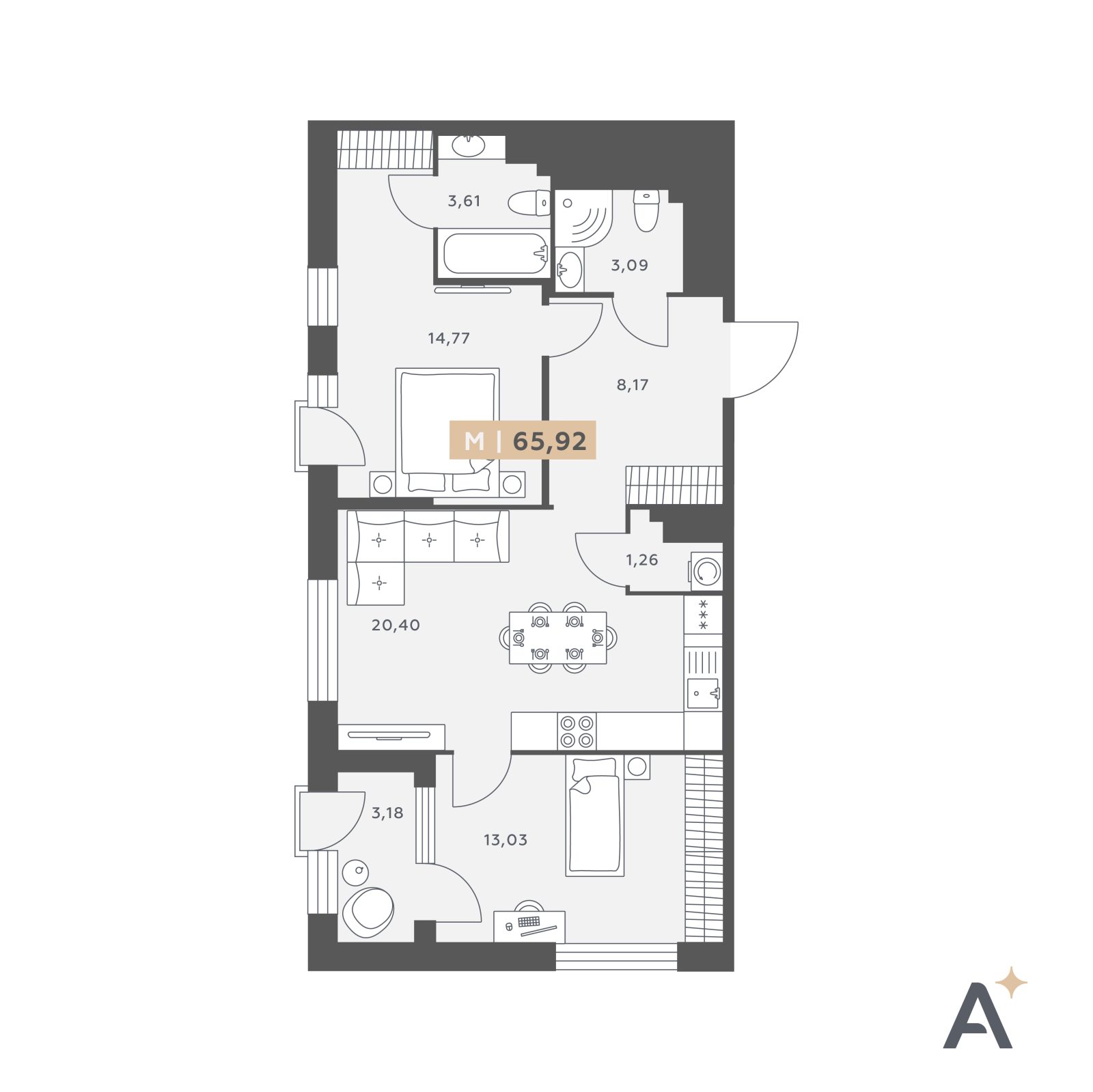 Планировка: 3-комнатная квартира, 65,9 м²