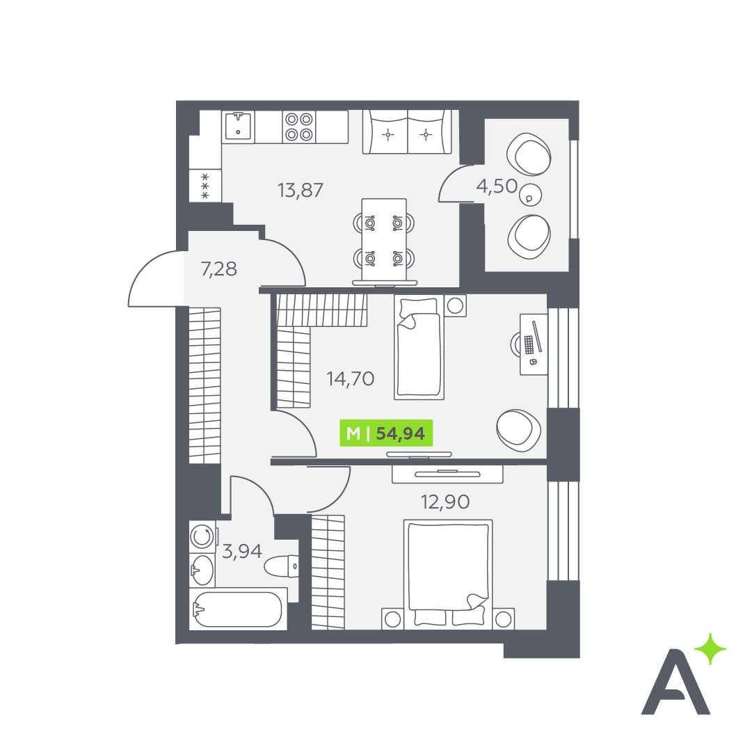 Планировка: 3-комнатная квартира, 54,9 м²
