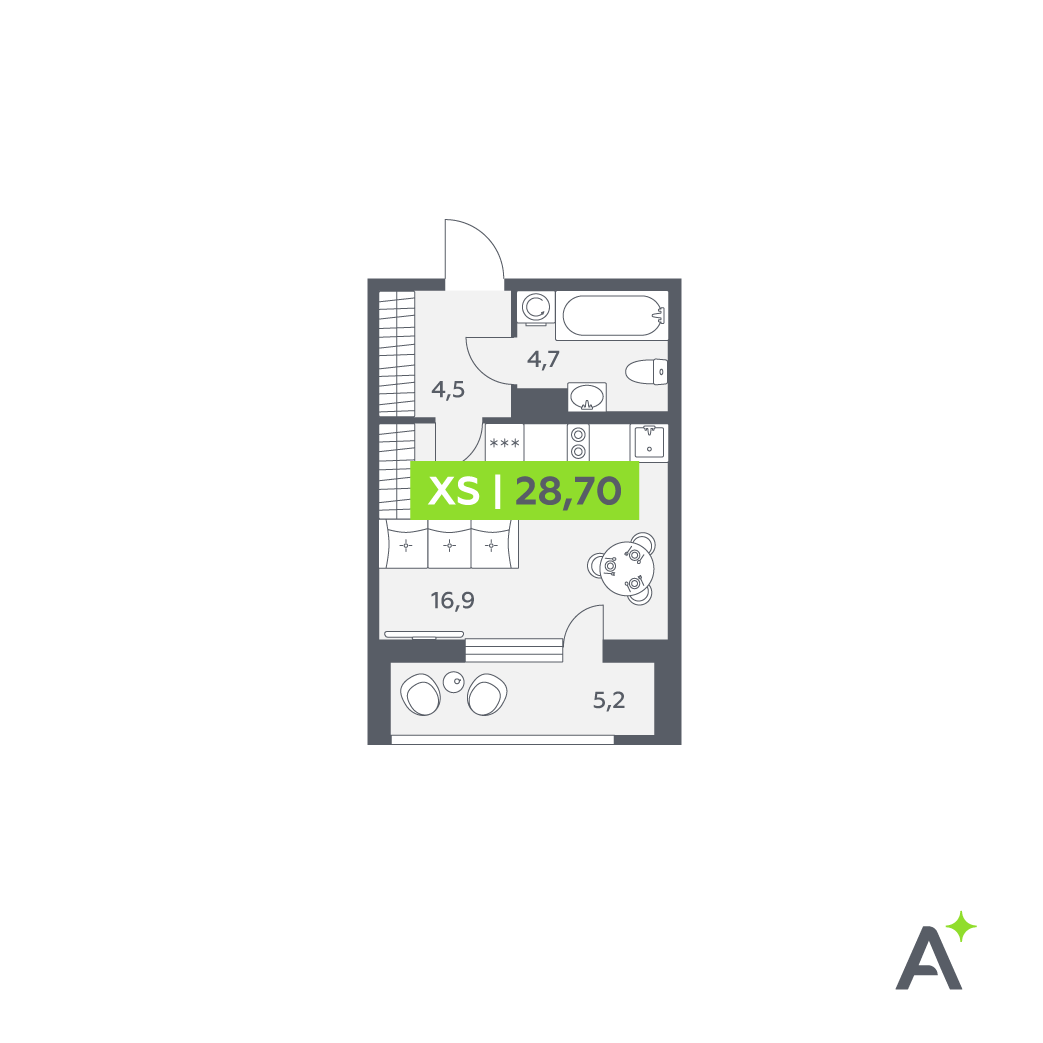 Планировка: студия, 28,7 м²