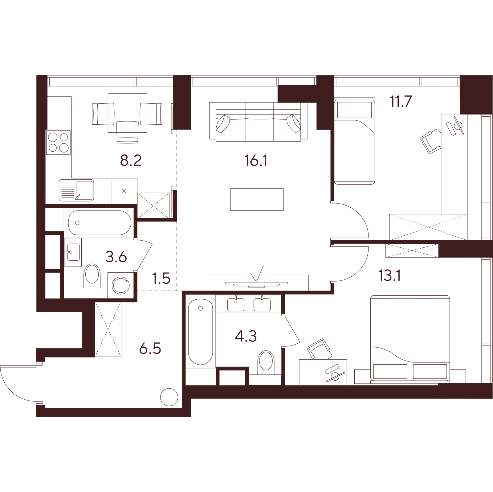 Планировка: 3-комнатная квартира, 65,0 м²