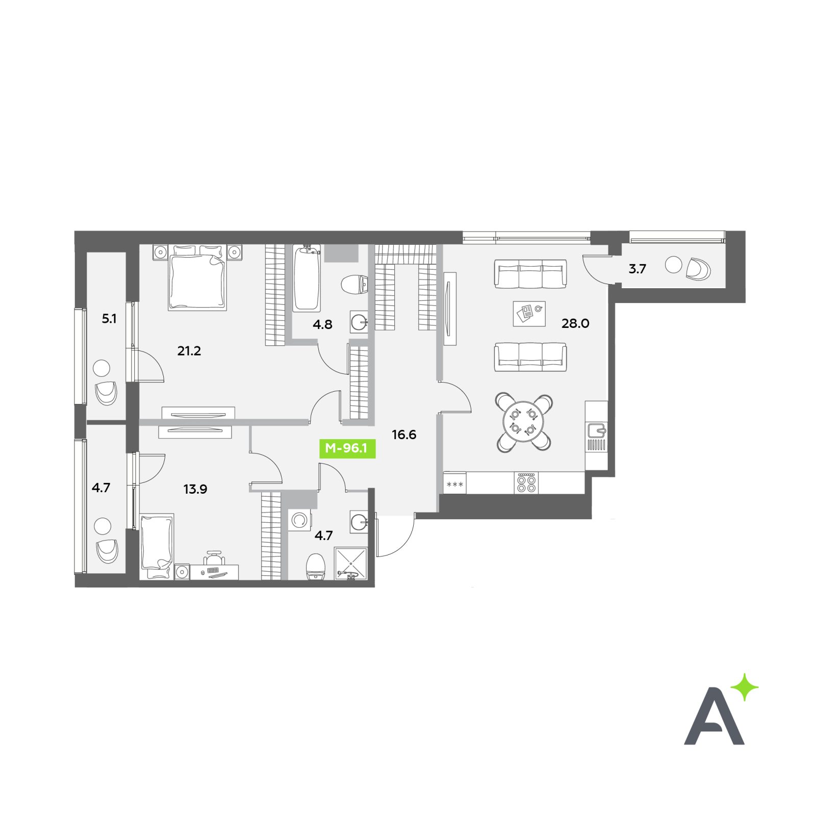 Планировка: 3-комнатная квартира, 96,1 м²