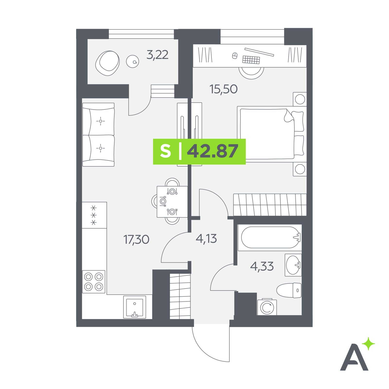 Планировка: 2-комнатная квартира, 42,9 м²