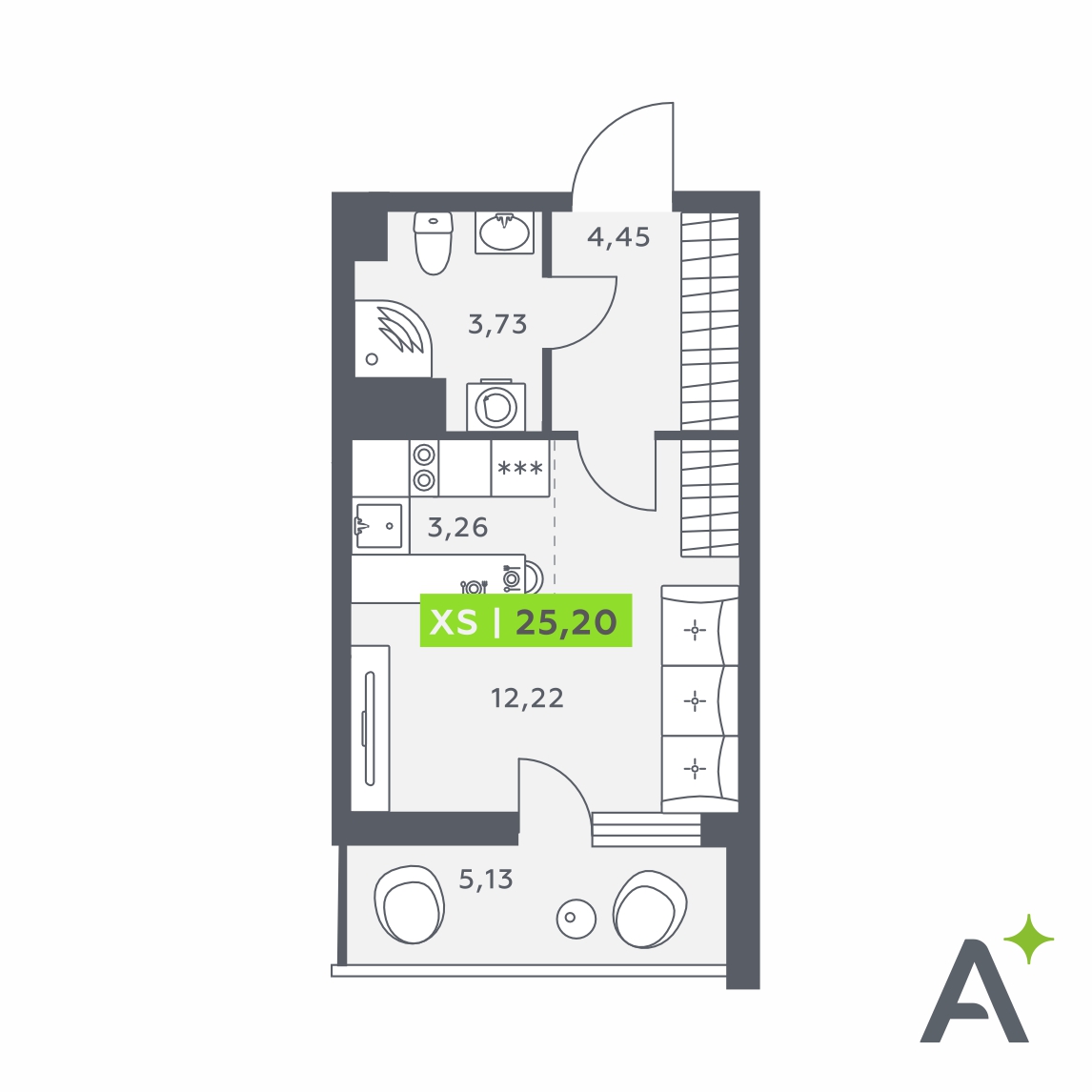 Планировка: студия, 25,2 м²