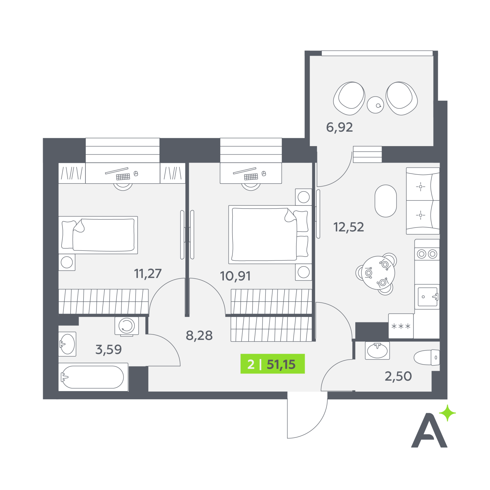 Планировка: 2-комнатная квартира, 51,2 м²