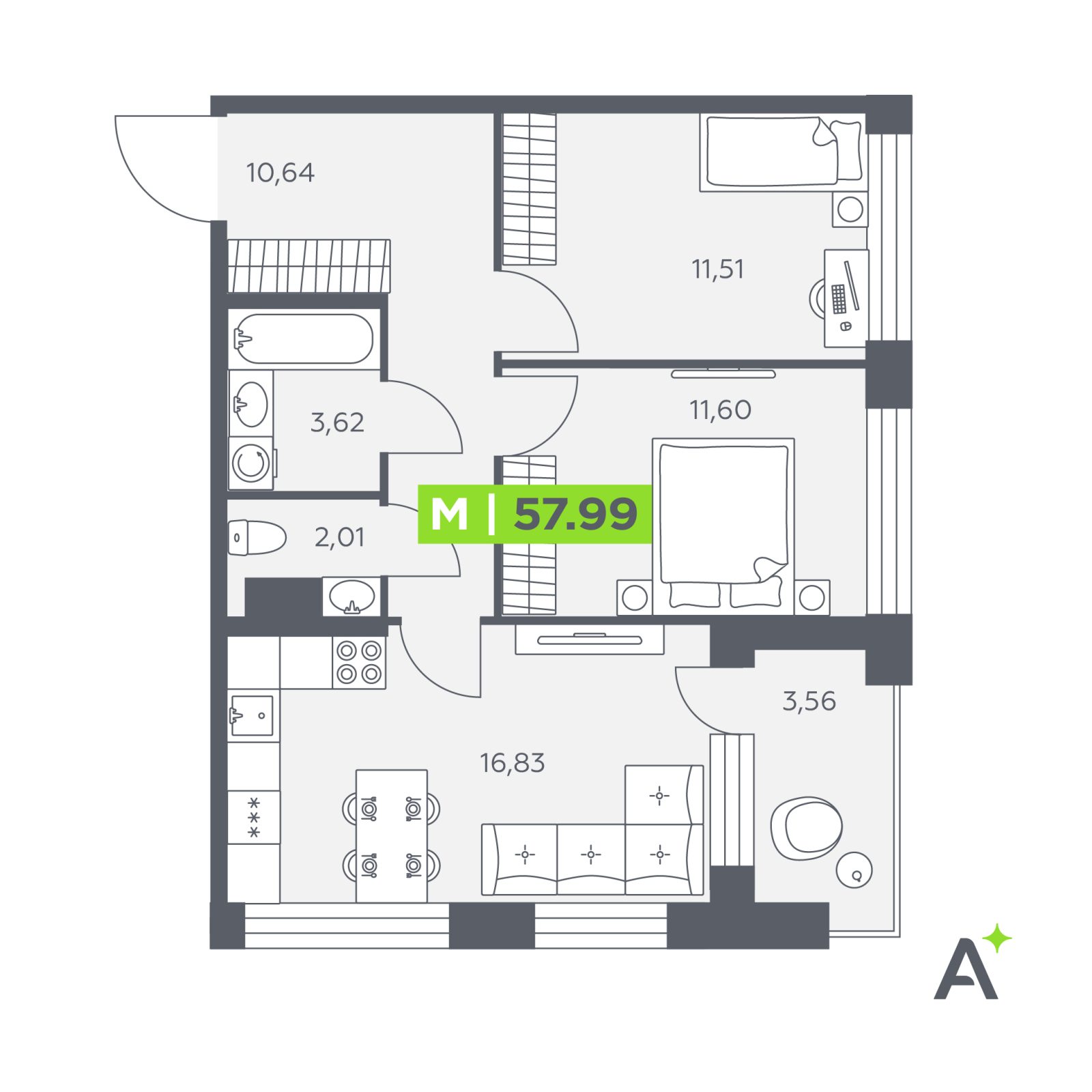 Планировка: 3-комнатная квартира, 58,0 м²