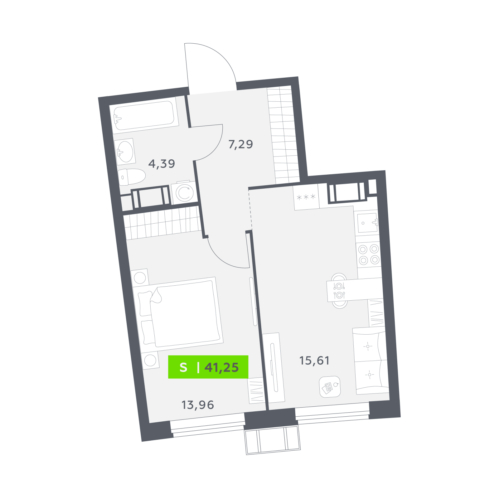 Планировка: 2-комнатная квартира, 41,3 м²