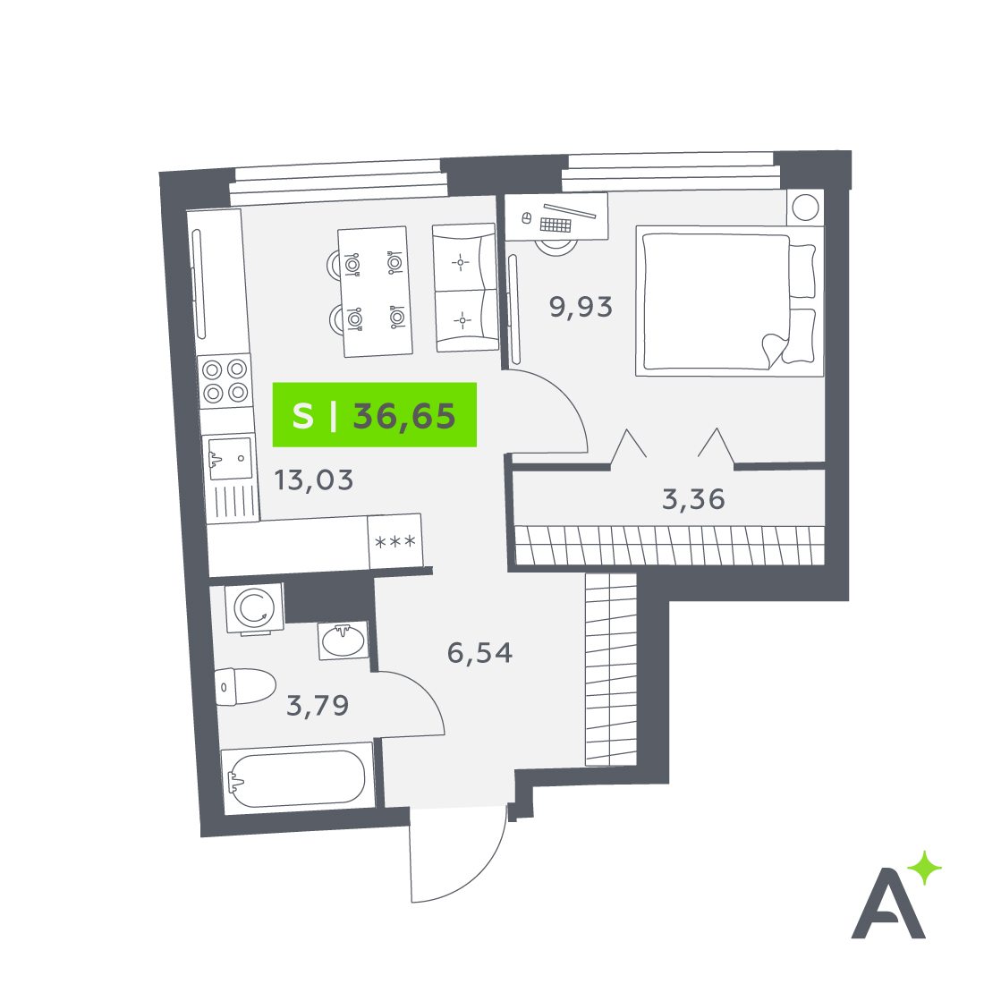 Планировка: 2-комнатная квартира, 36,7 м²