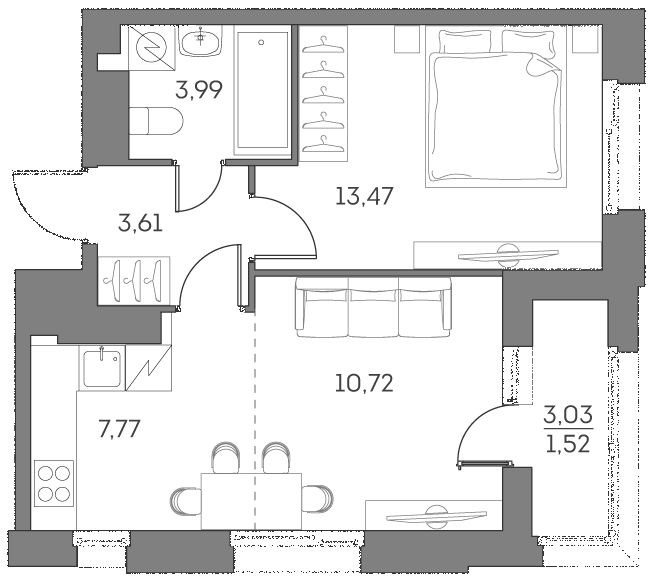 Планировка: 2-комнатная квартира, 41,1 м²