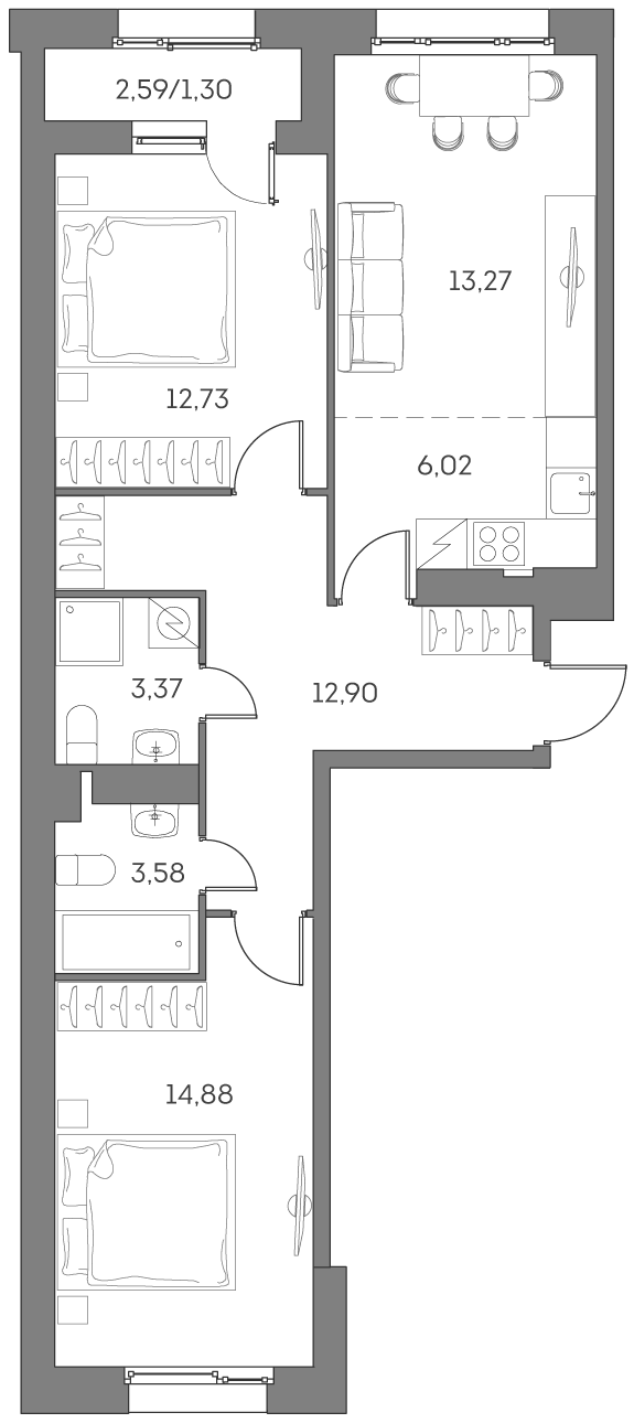 Планировка: 3-комнатная квартира, 68,1 м²