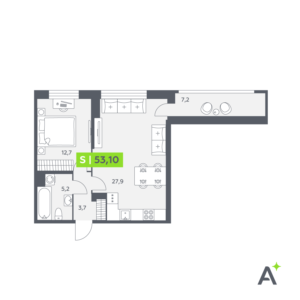 Планировка: 2-комнатная квартира, 53,1 м²