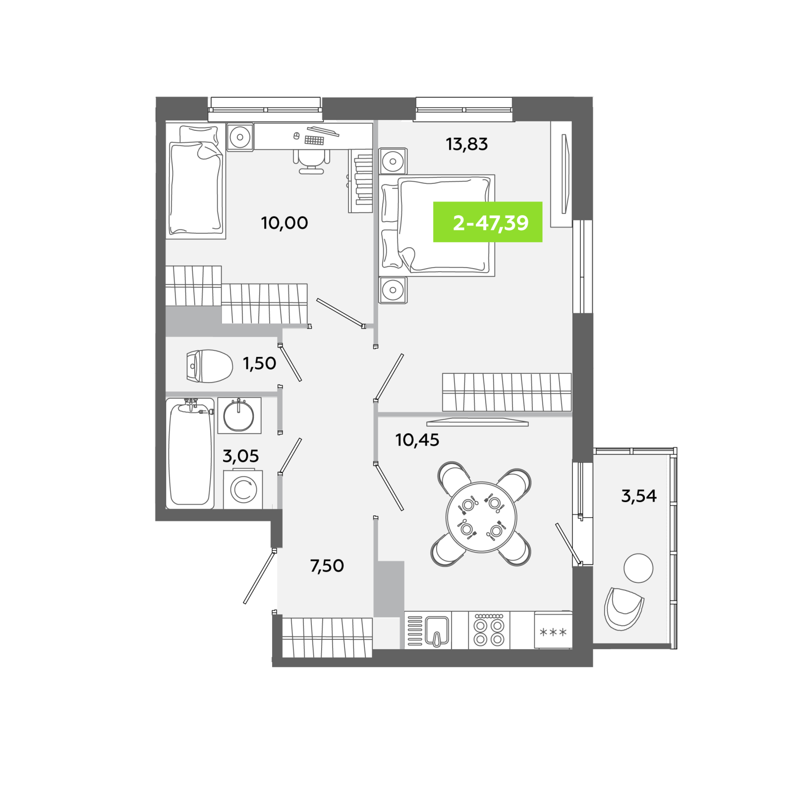 Планировка: 2-комнатная квартира, 47,4 м²