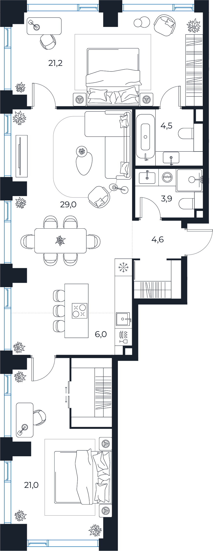 Планировка: 2-комнатная квартира, 90,2 м²
