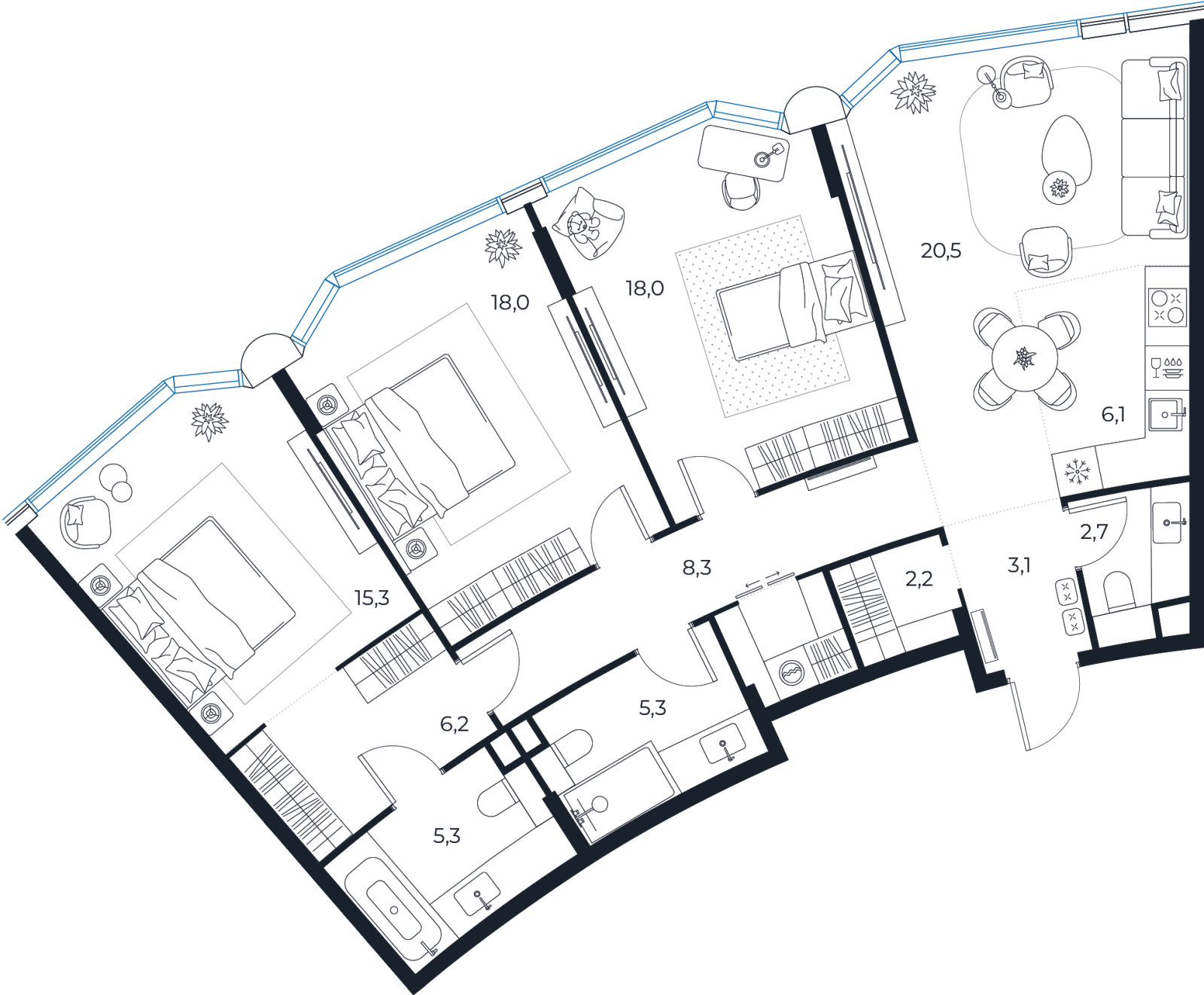 Планировка: 3-комнатная квартира, 114,2 м²