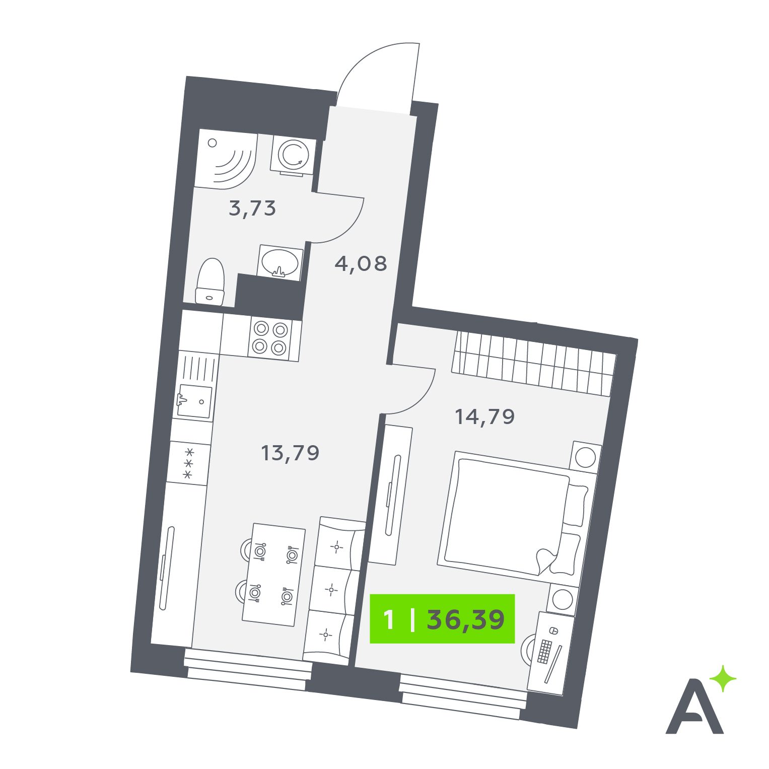 Планировка: 1-комнатная квартира, 36,4 м²