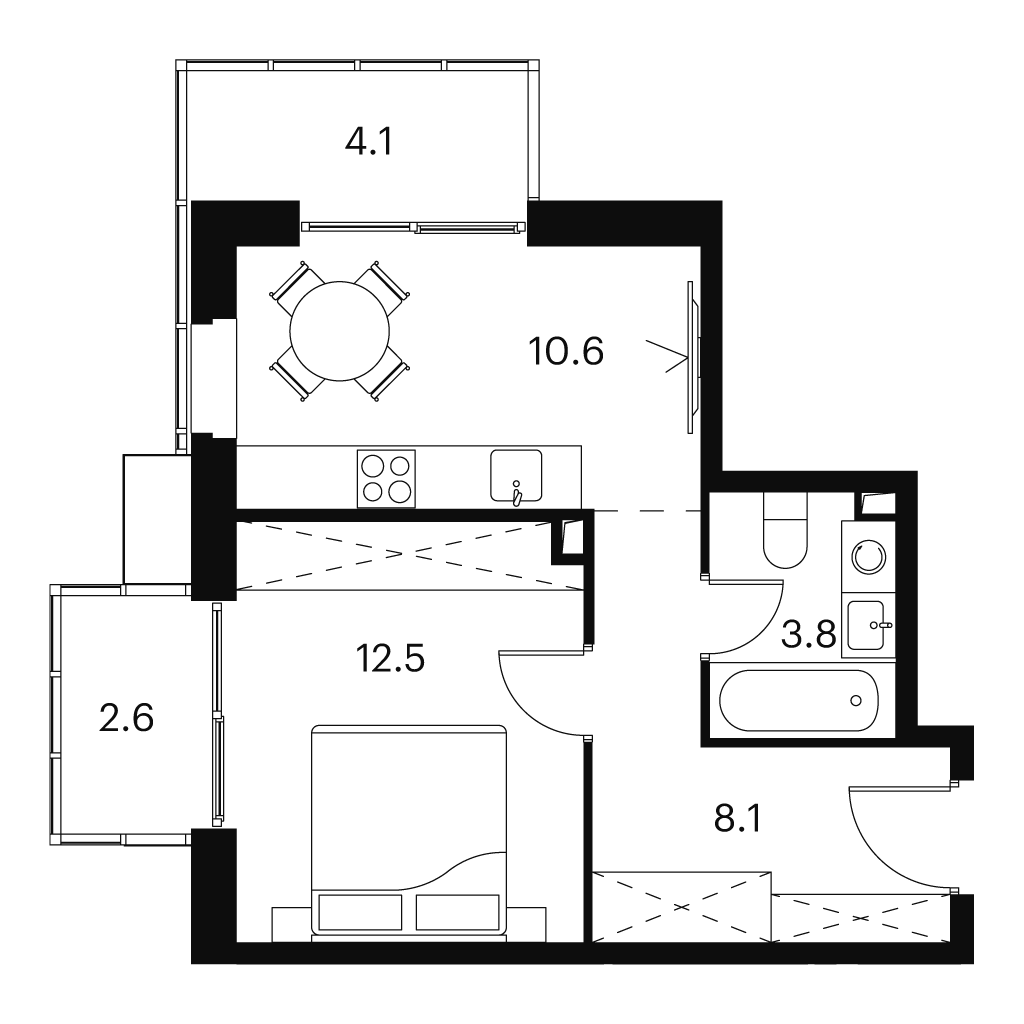 Планировка: 1-комнатная квартира, 41,7 м²
