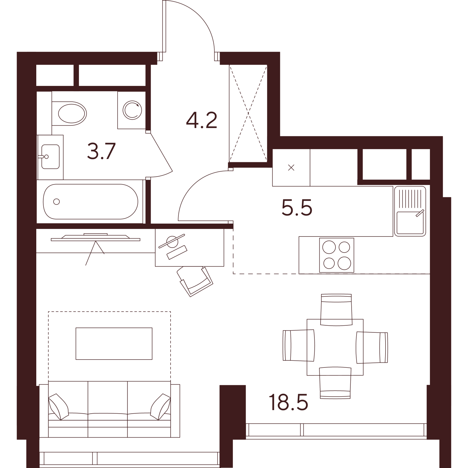 Планировка: студия, 31,9 м²