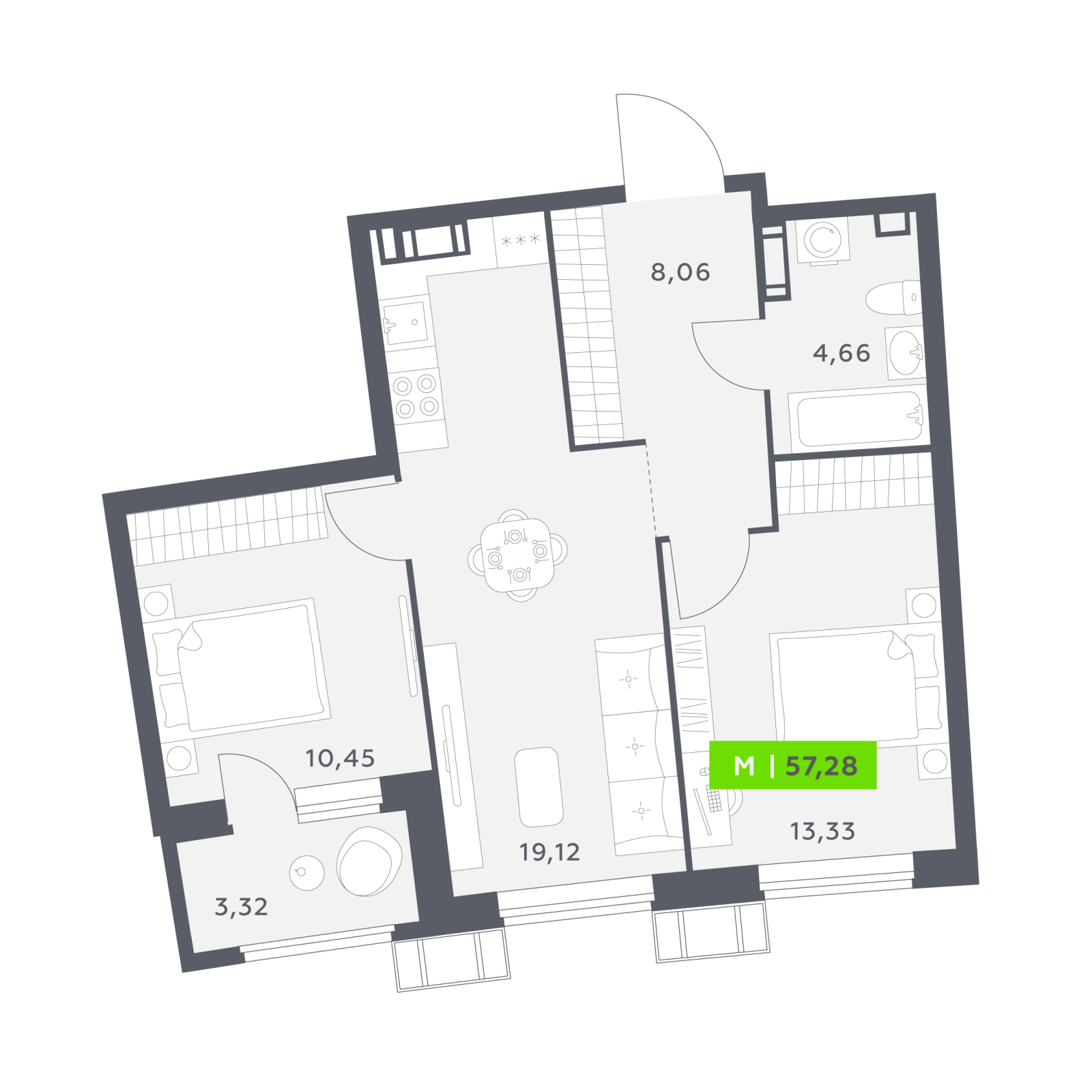 Планировка: 3-комнатная квартира, 57,3 м²
