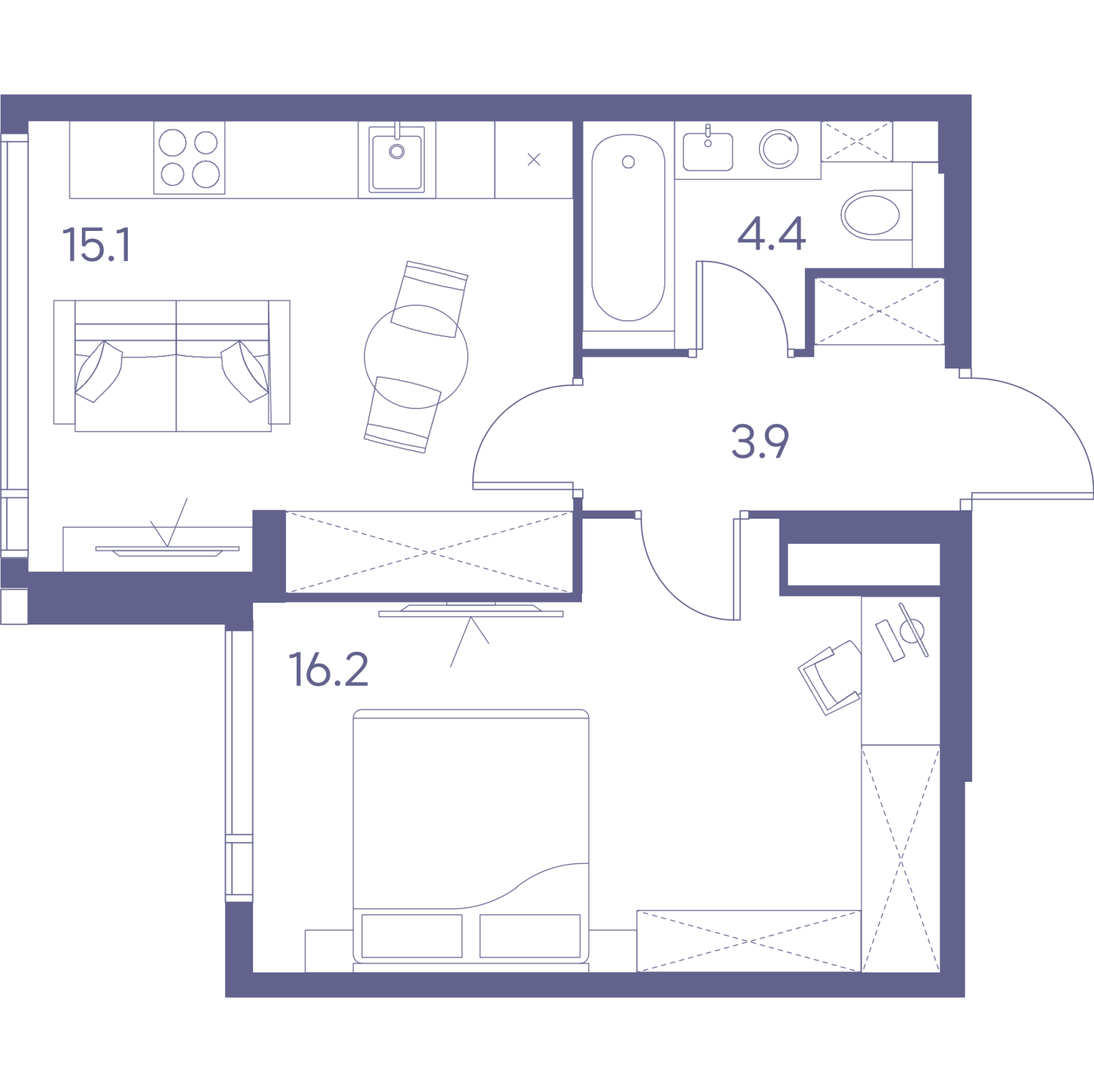 Планировка: 1-комнатная квартира, 39,6 м²