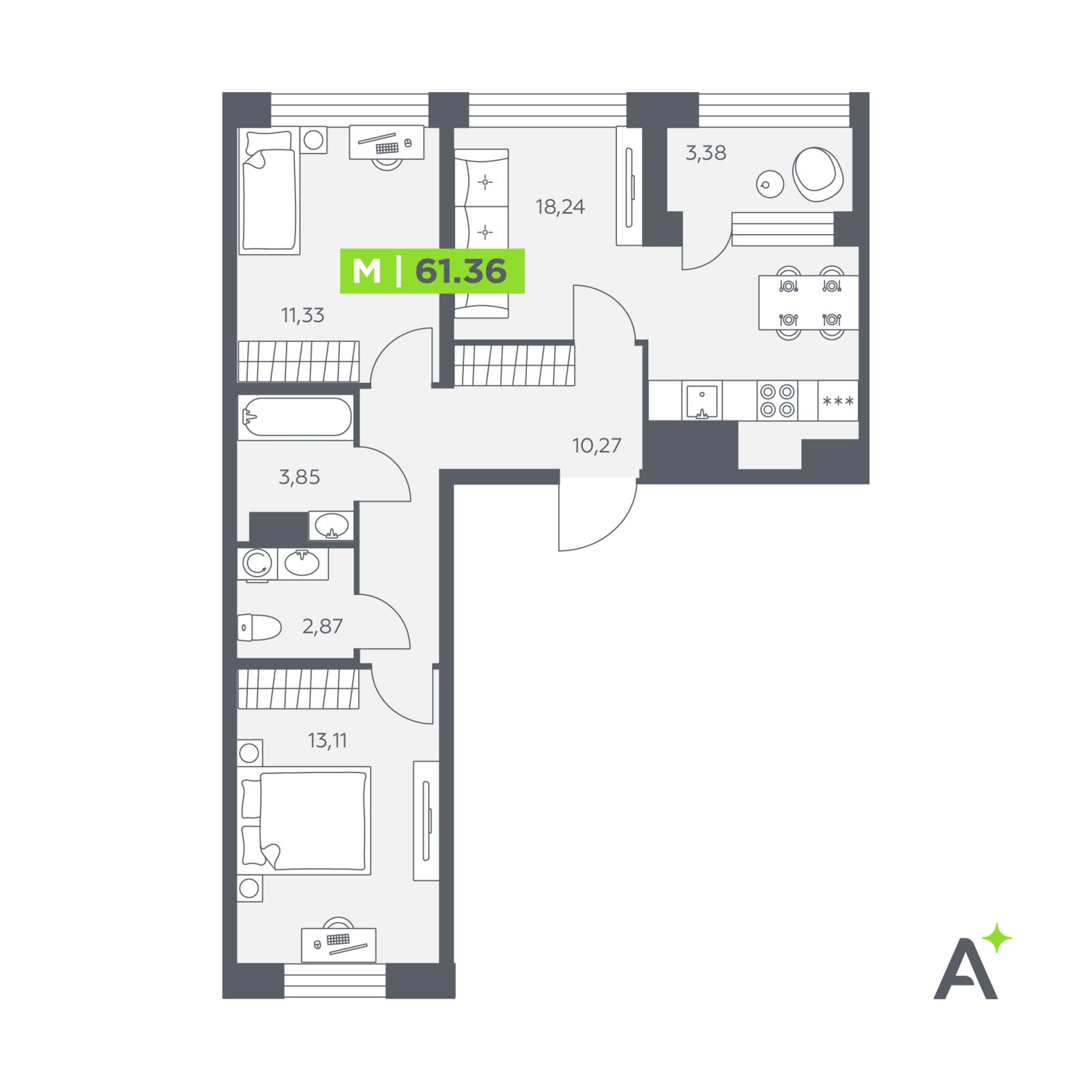 Планировка: 3-комнатная квартира, 61,4 м²