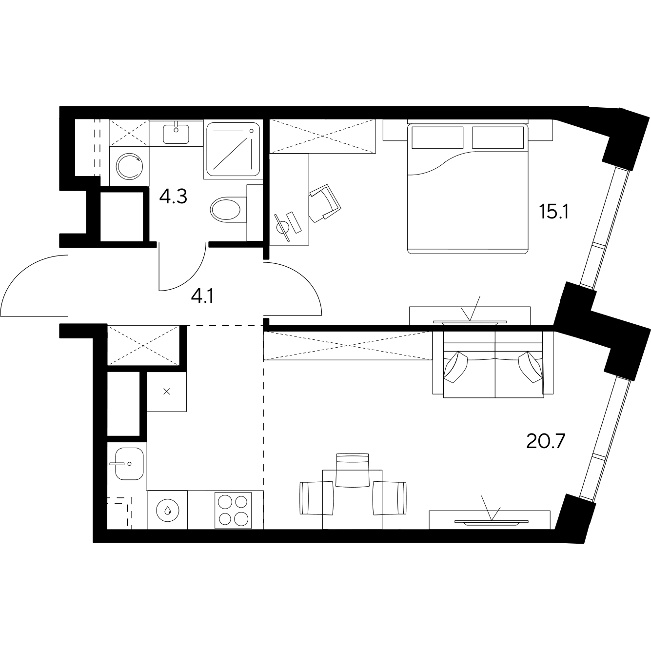 Планировка: 2-комнатная квартира, 44,2 м²