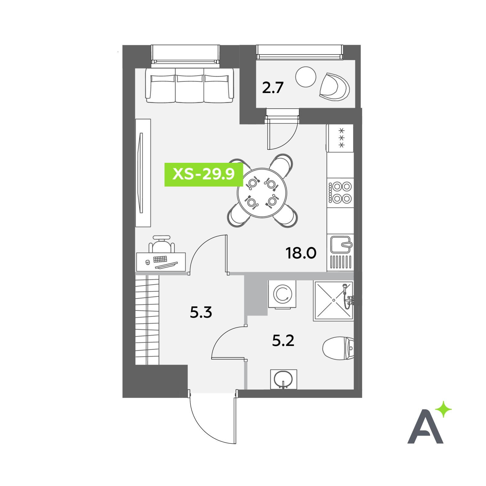 Планировка: студия, 29,9 м²