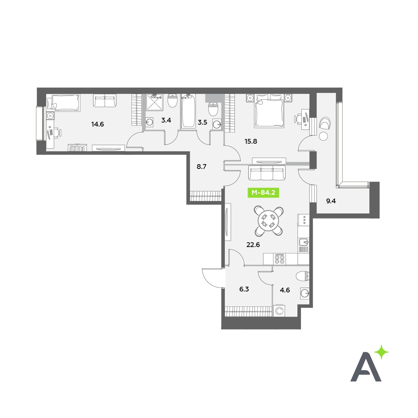 Планировка: 3-комнатная квартира, 84,2 м²