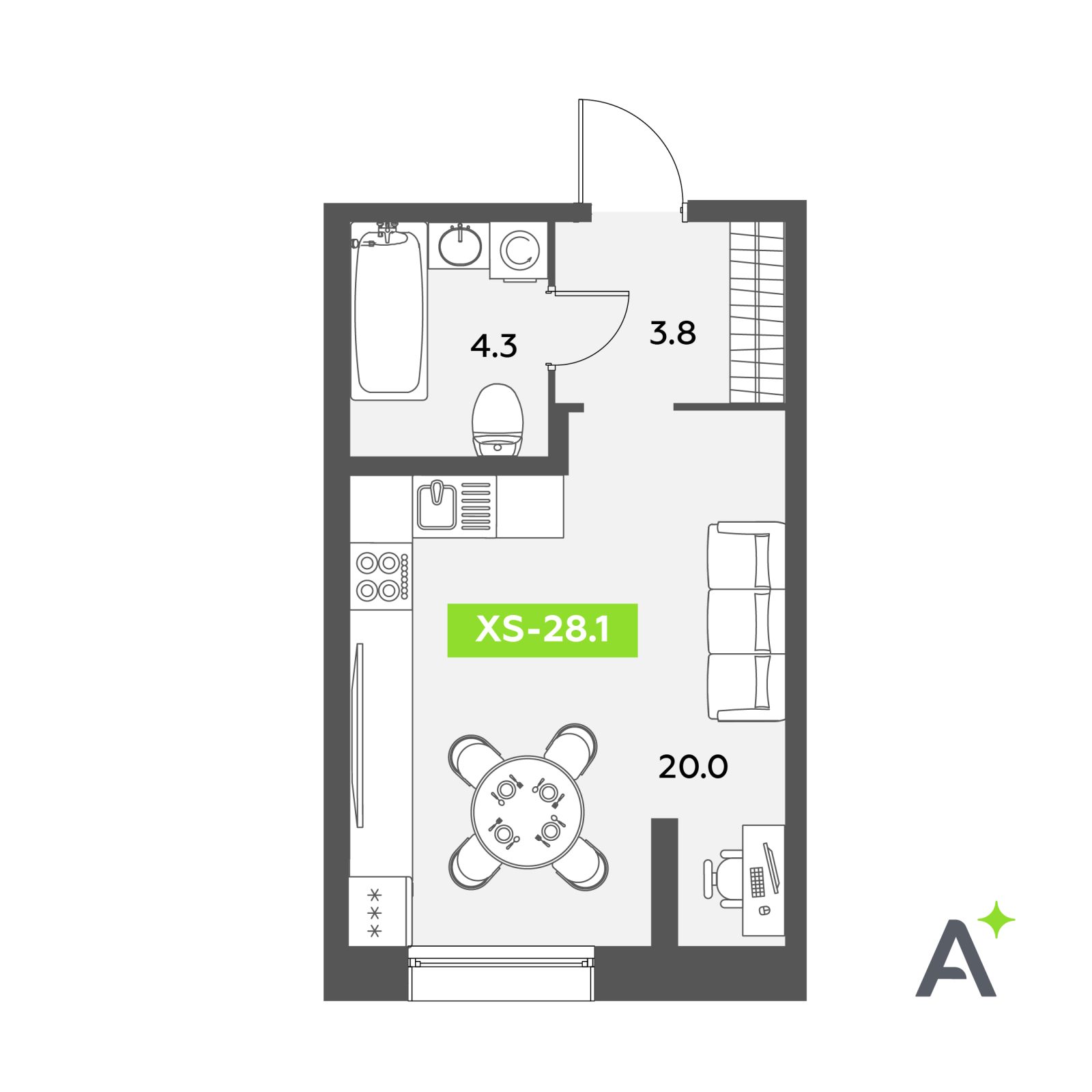 Планировка: студия, 28,1 м²