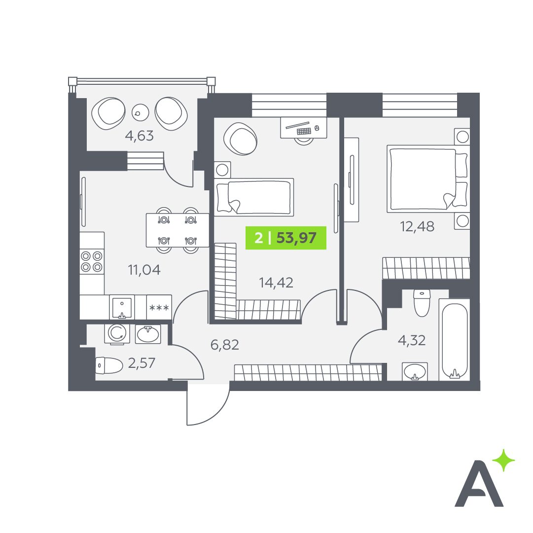 Планировка: 2-комнатная квартира, 54,0 м²