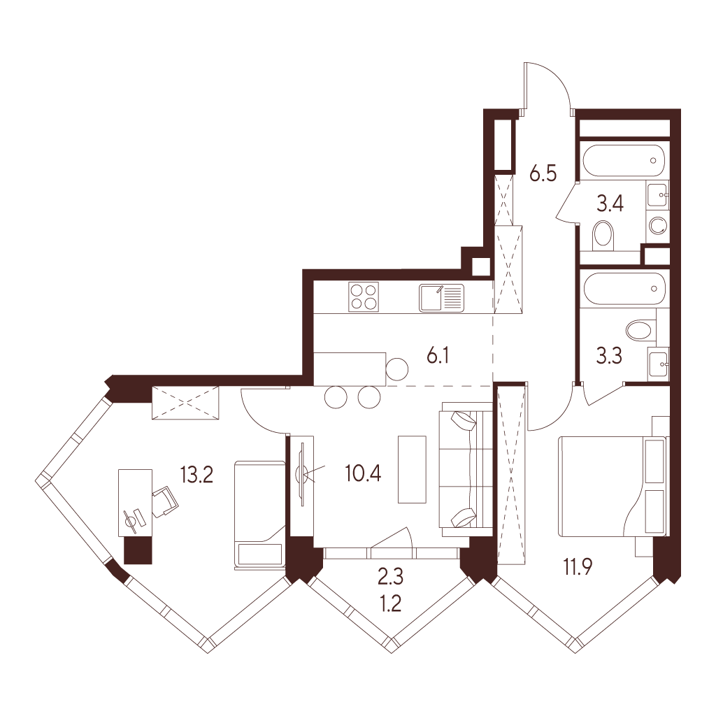 Планировка: 3-комнатная квартира, 56,0 м²