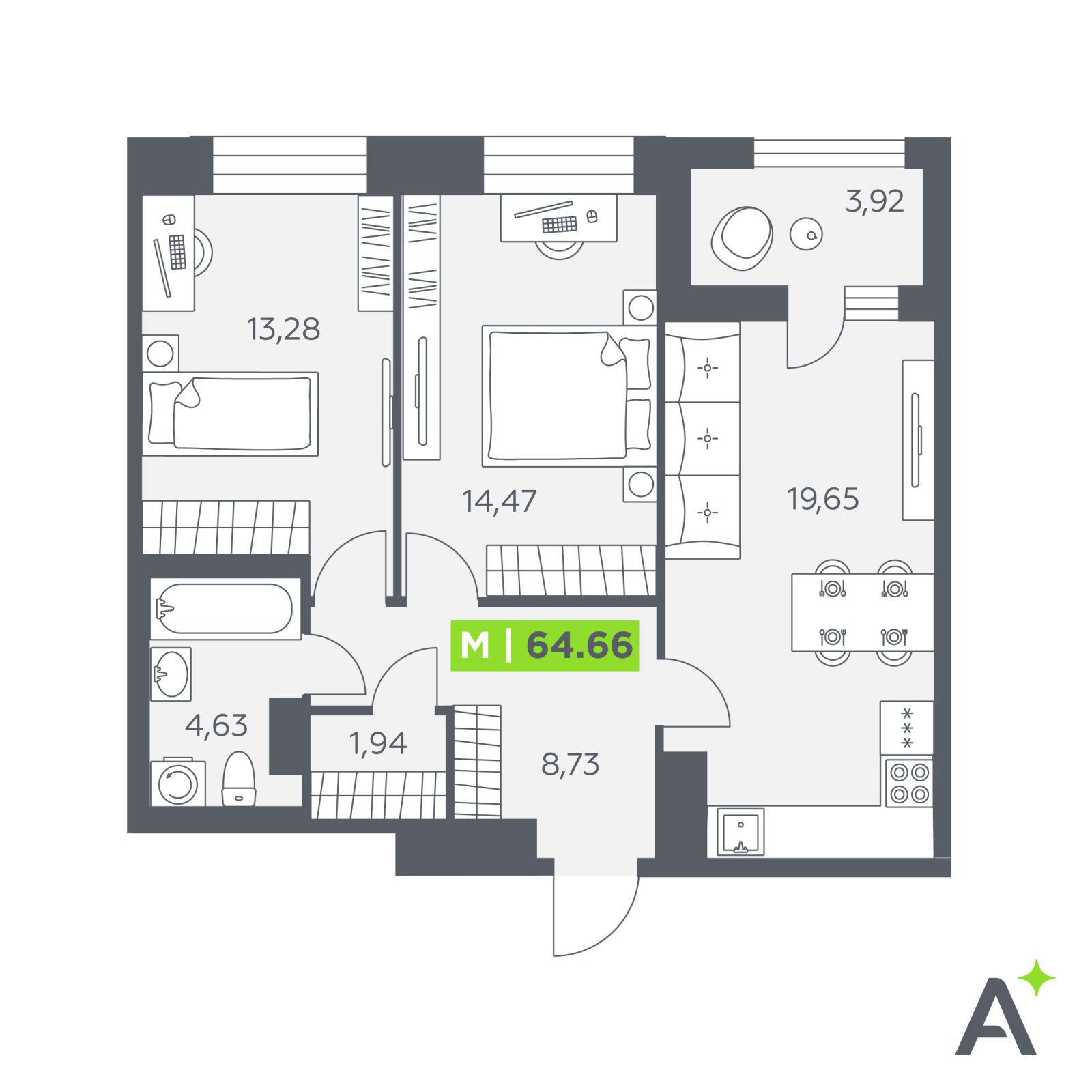 Планировка: 3-комнатная квартира, 64,7 м²