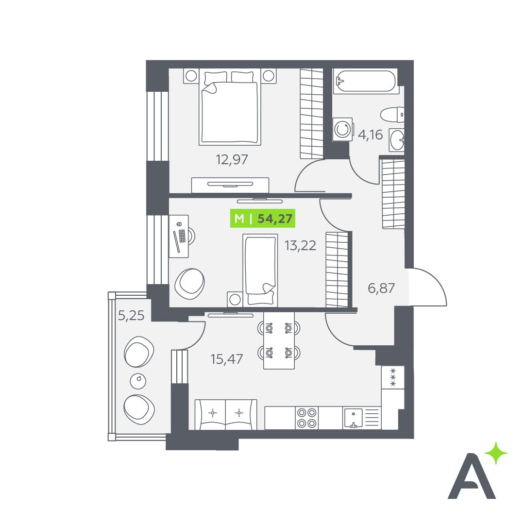 Планировка: 3-комнатная квартира, 54,3 м²