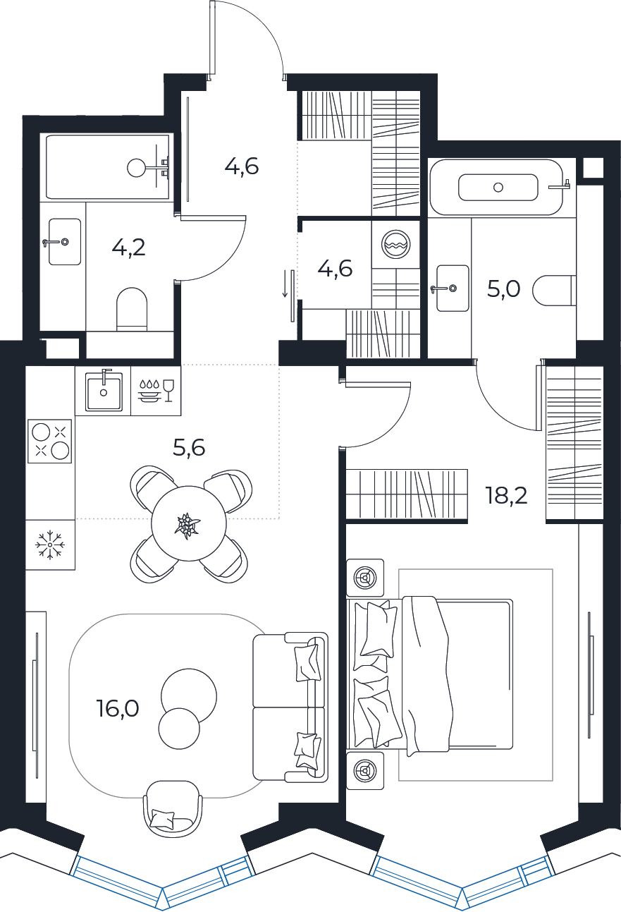 Планировка: 1-комнатная квартира, 58,2 м²