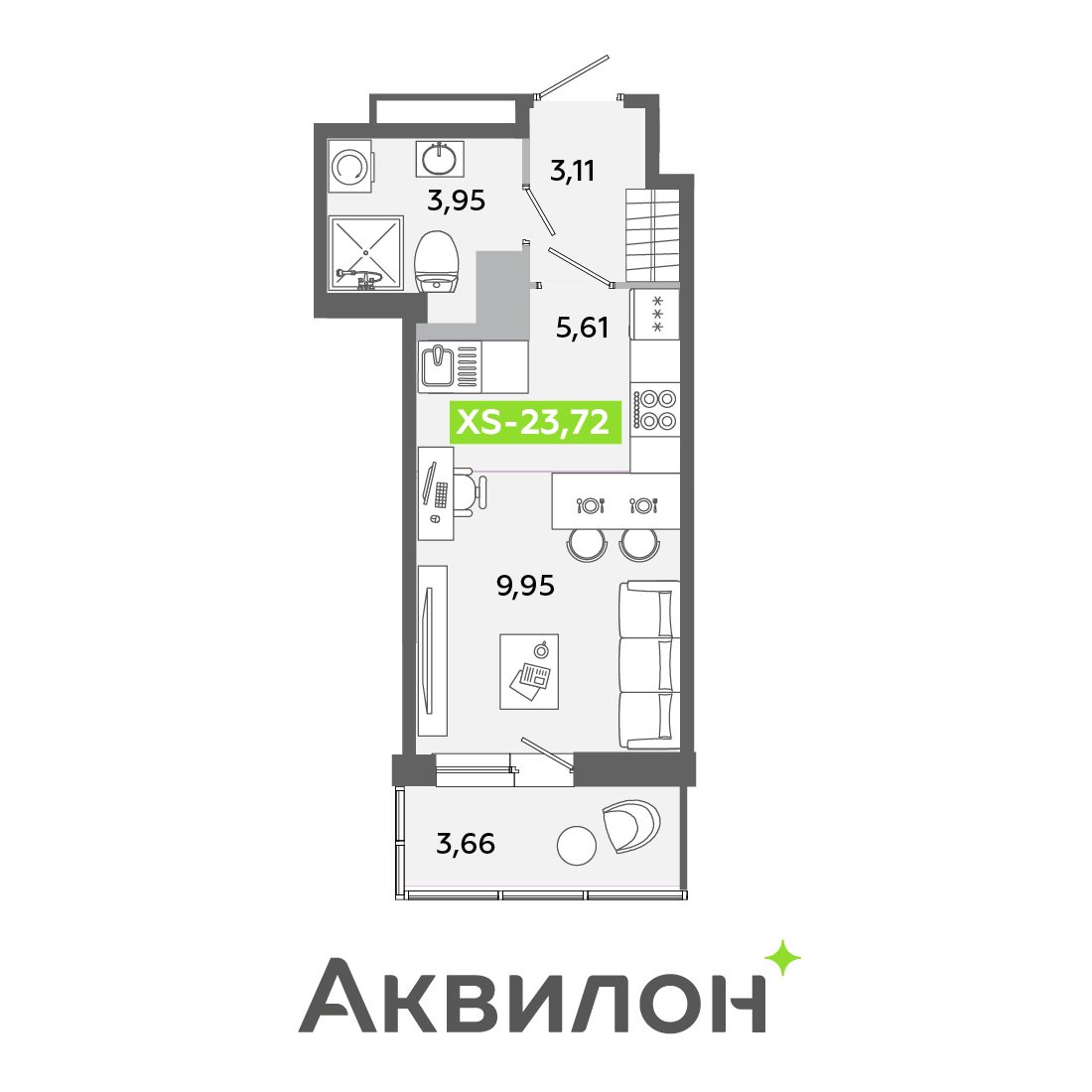 Планировка: студия, 23,7 м²