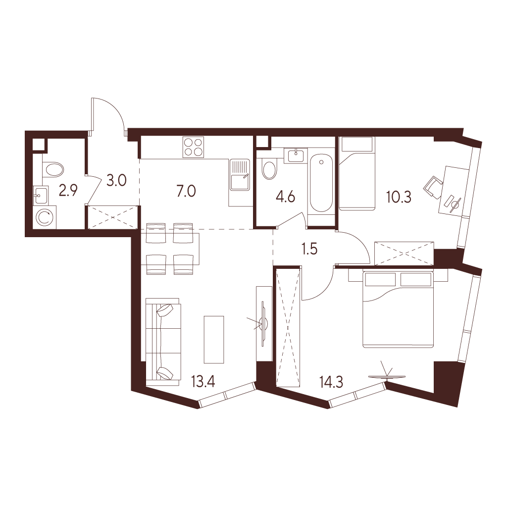 Планировка: 3-комнатная квартира, 57,0 м²
