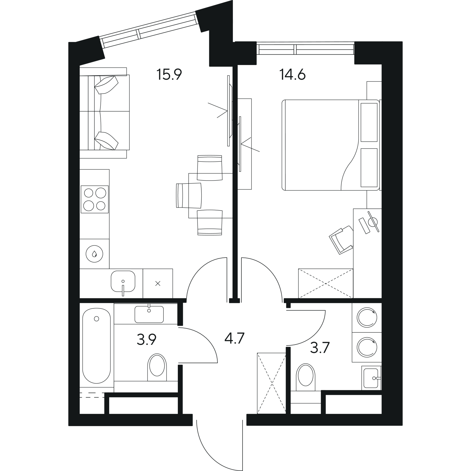Планировка: 1-комнатная квартира, 42,8 м²