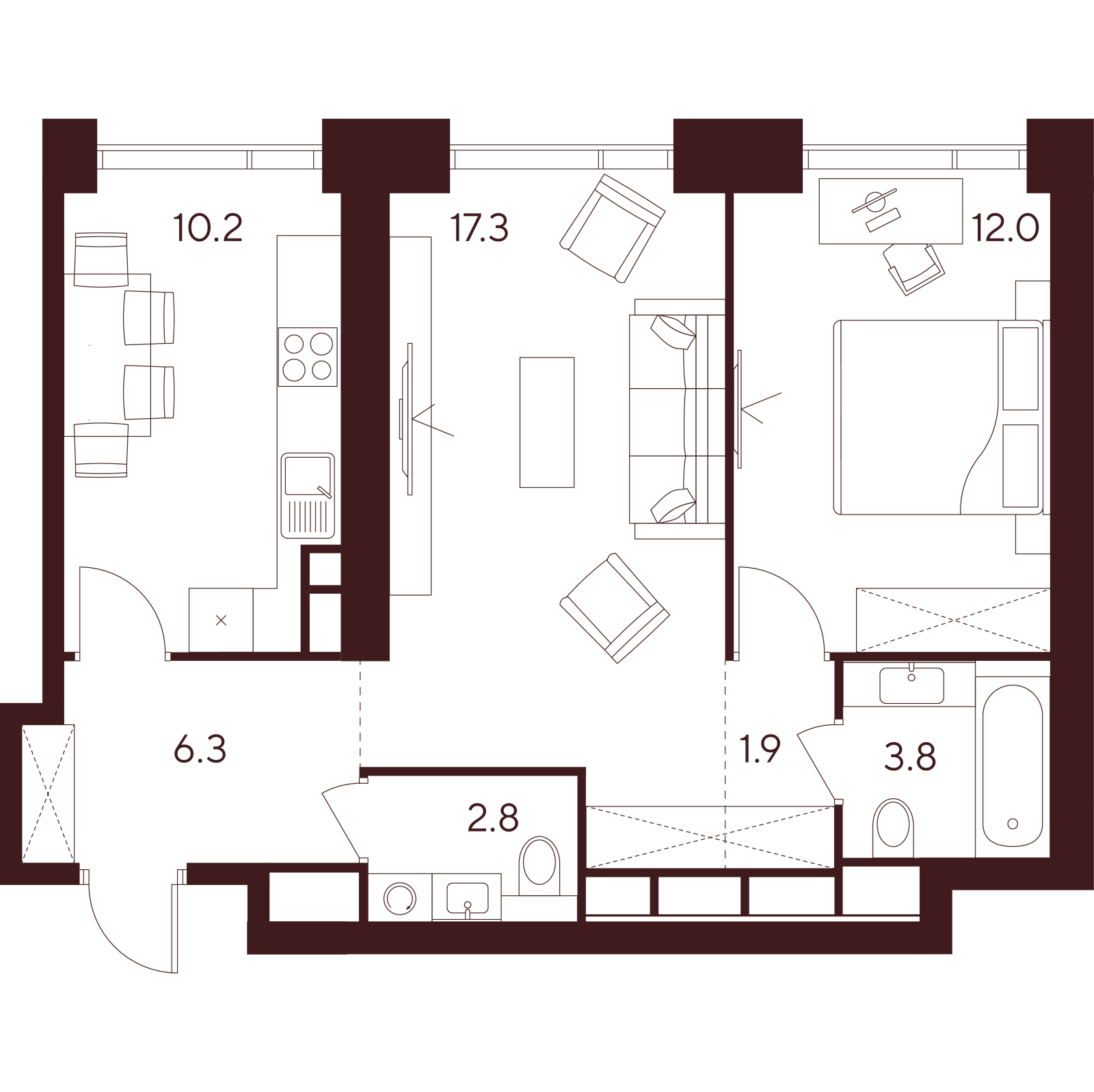 Планировка: 2-комнатная квартира, 54,3 м²