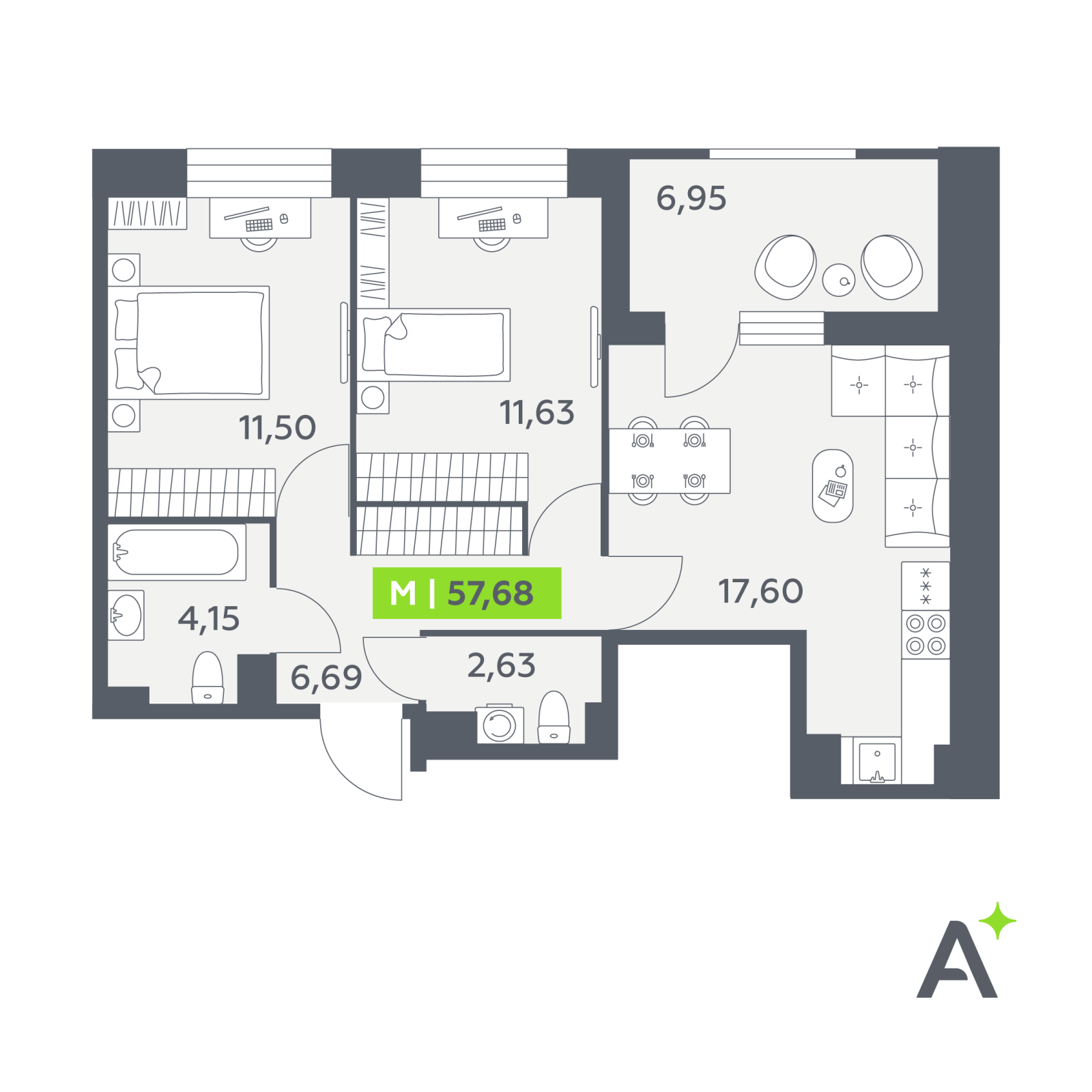 Планировка: 3-комнатная квартира, 57,7 м²