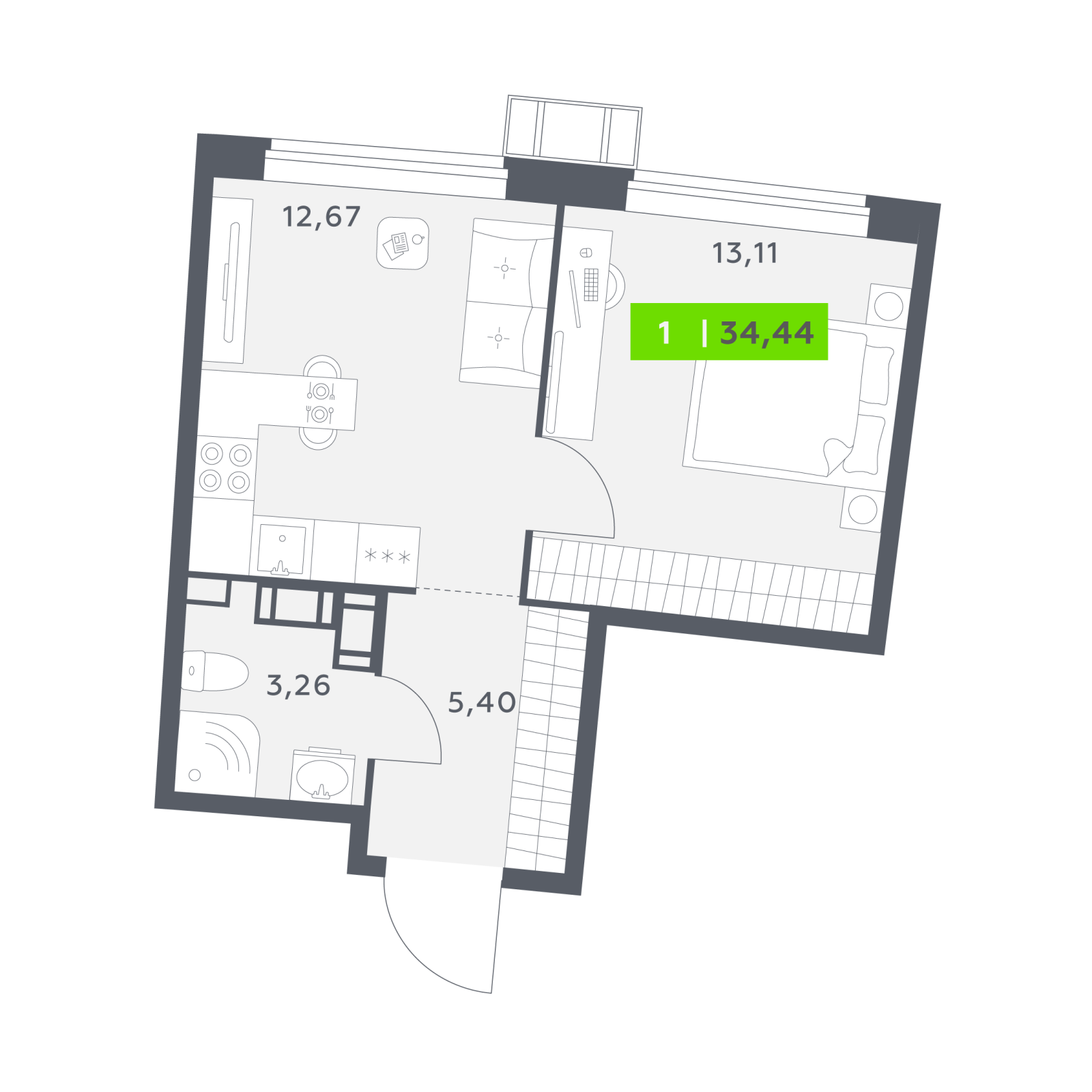 Планировка: 1-комнатная квартира, 34,4 м²