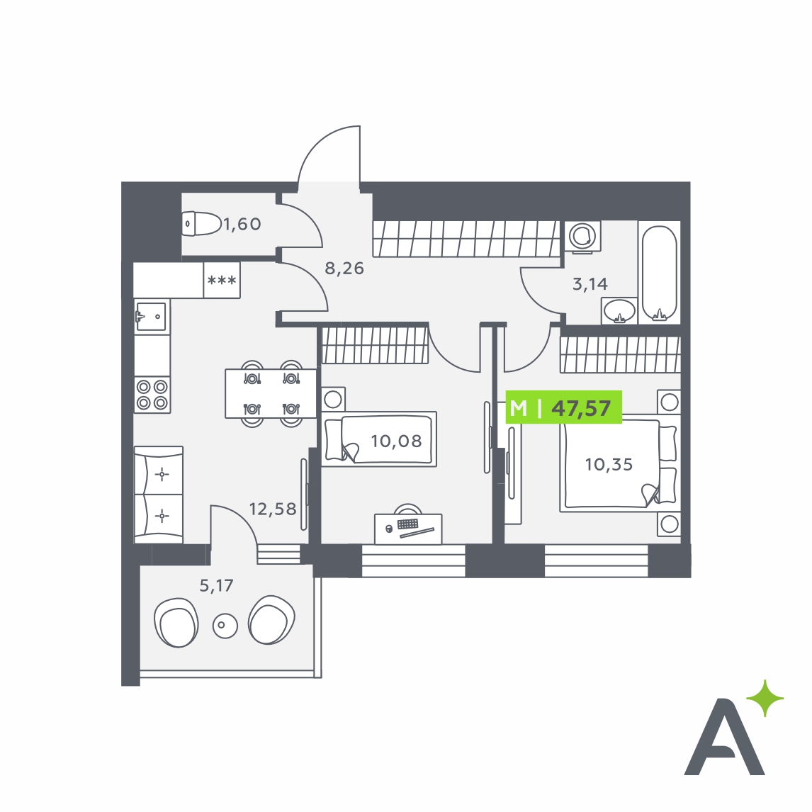 Планировка: 3-комнатная квартира, 47,6 м²