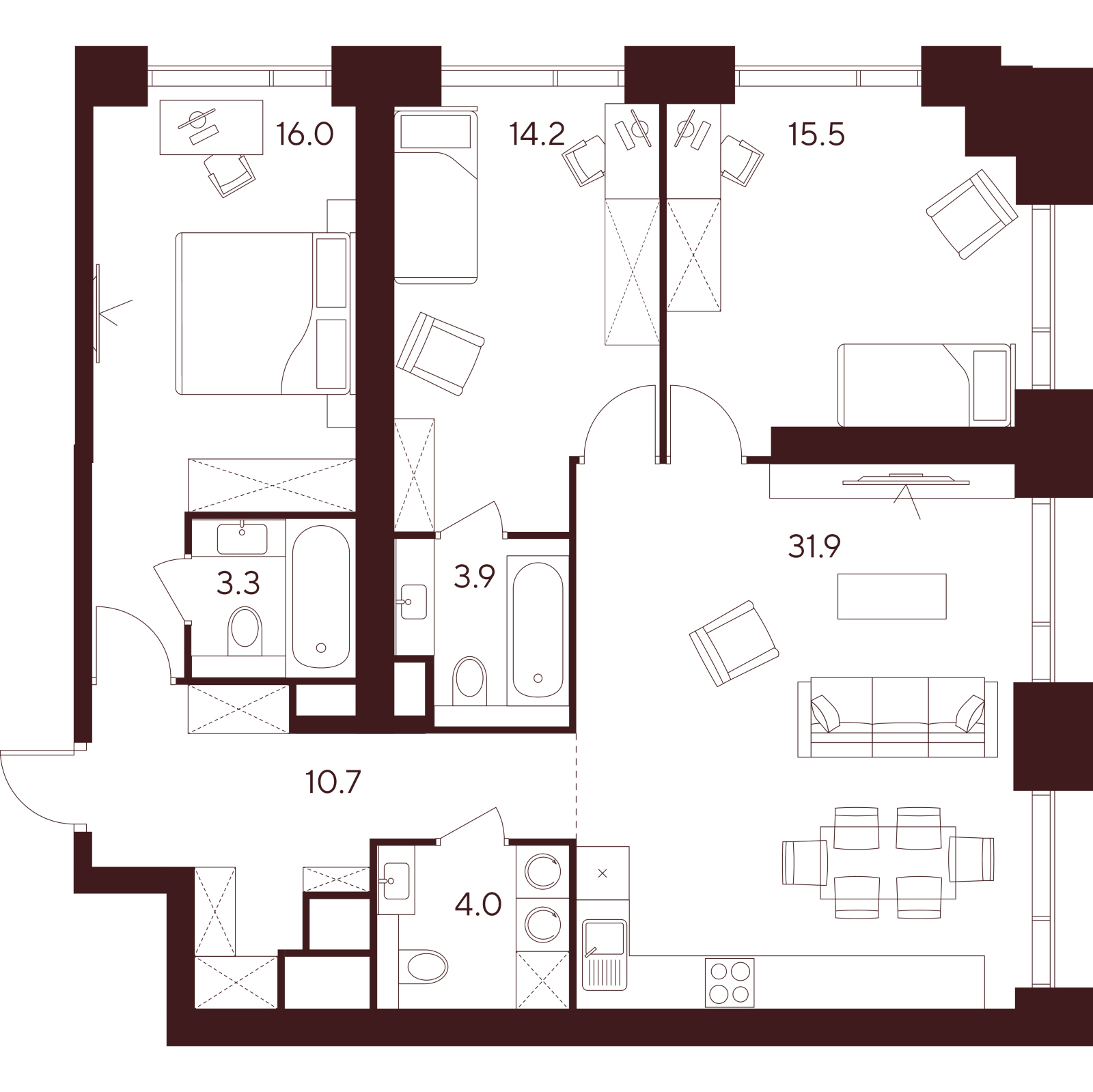 Планировка: 4-комнатная квартира, 99,5 м²